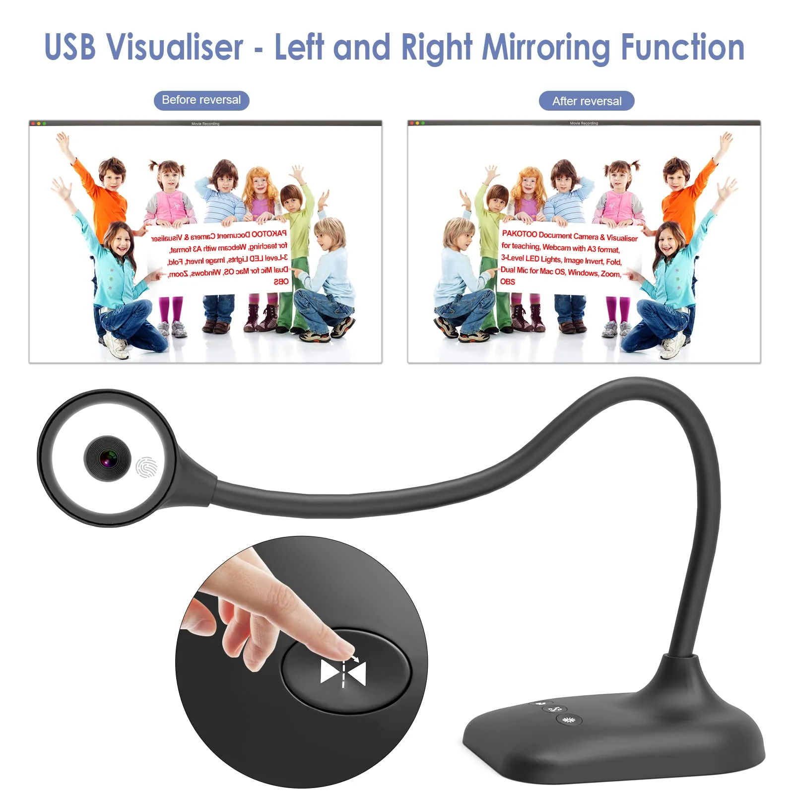 USB Document Camera for Teachers, Webcam/Doc Camera for Classroom with A3 Format, 3-Level LED Lights, Image Invert, Fold, Dual mic for Mac OS, Windows, Zoom, OBS Work with Distance Learning - Image 5