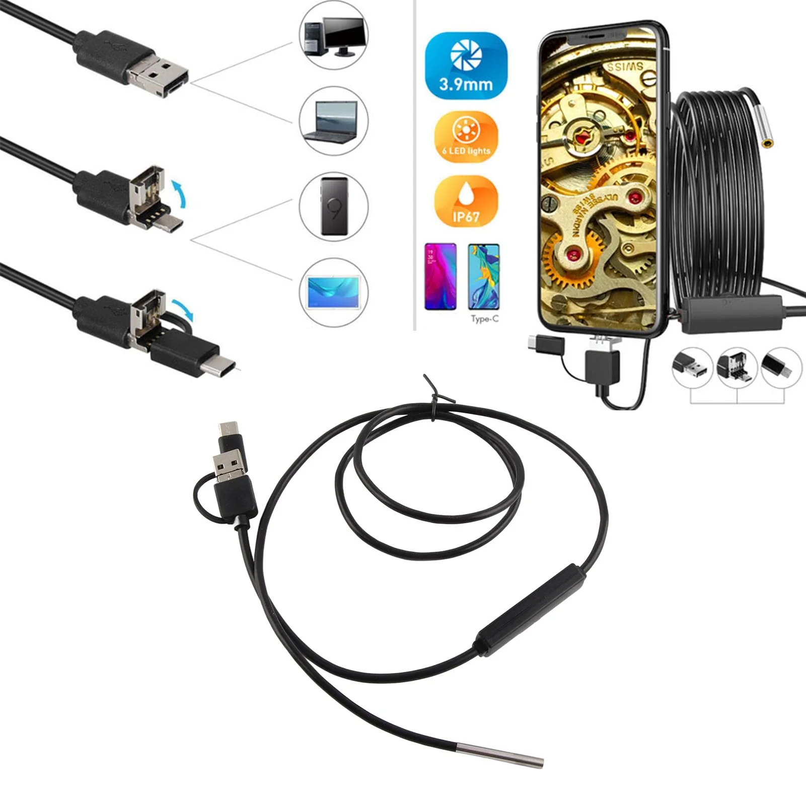 USB Endoscope Support 3 in 1 3.9mm Lens for Android Endoscope Inspection Snake Camera Waterproof (1 Meter Soft Wire) 1 Meter weicher Draht - Image 2