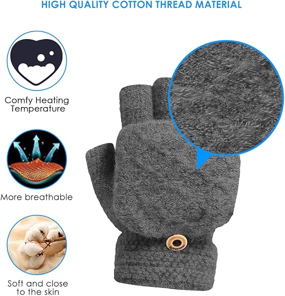 USB Heated Gloves Adjustable Temperature 3 Settings, Half Fingers Warmer Laptop Winter Gloves Knitting Mittens White - Image 2