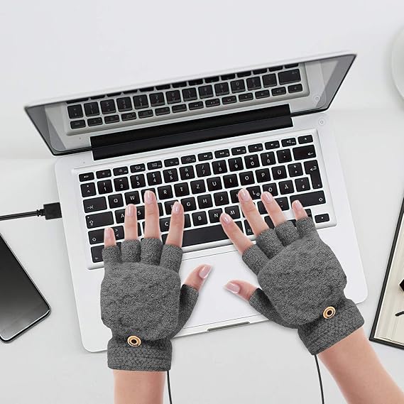 USB Heated Gloves Adjustable Temperature 3 Settings, Half Fingers Warmer Laptop Winter Gloves Knitting Mittens White - Image 3