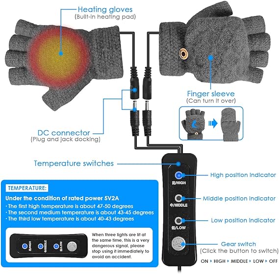 USB Heated Gloves Adjustable Temperature 3 Settings, Half Fingers Warmer Laptop Winter Gloves Knitting Mittens White - Image 4