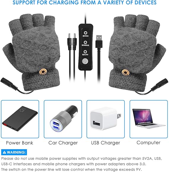 USB Heated Gloves Adjustable Temperature 3 Settings, Half Fingers Warmer Laptop Winter Gloves Knitting Mittens White - Image 5