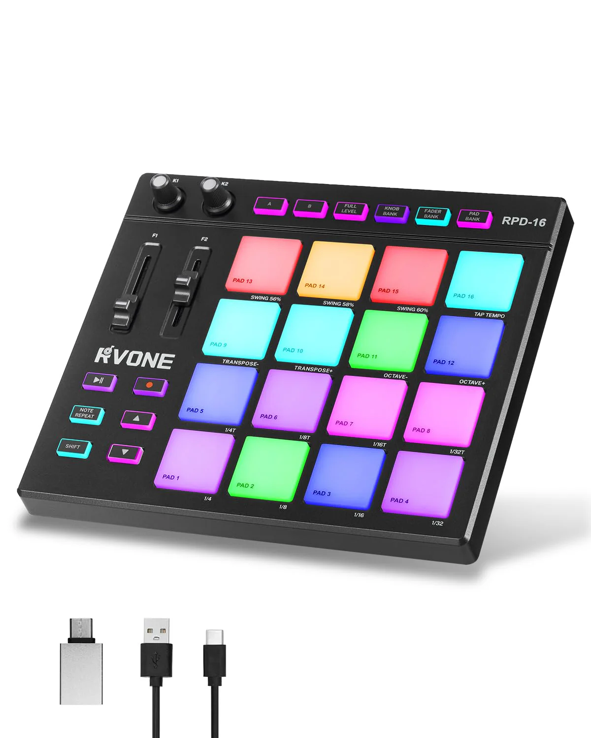 USB MIDI Pad Controller with 16 Velocity Senstive Drum Pads| 7 RGB Lights & DAW Control| 2 Assignable Knobs & Faders| Drum Machine with Note Repeat & Full Level| Plug & Play| Beat Maker Beginner