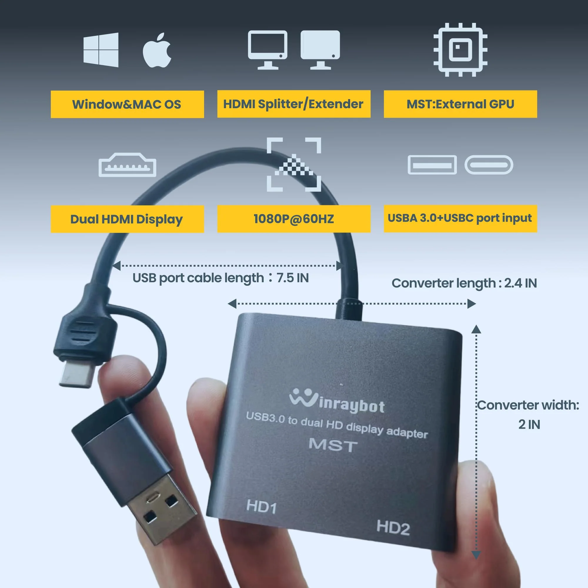 USB to HDMI Adapter,USB to HDMI for Dual Monitor Adapter, hdmi Splitter Extended Display,USB 3.0 for 2 Monitors,USB A to hdmi+USB C to hdmi Adapter USB Video Card-Supports Mac/Windows - Image 3