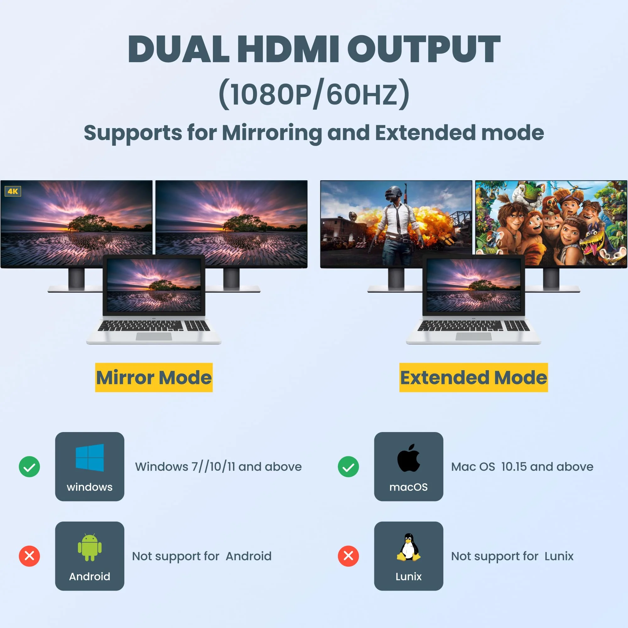USB to HDMI Adapter,USB to HDMI for Dual Monitor Adapter, hdmi Splitter Extended Display,USB 3.0 for 2 Monitors,USB A to hdmi+USB C to hdmi Adapter USB Video Card-Supports Mac/Windows - Image 5