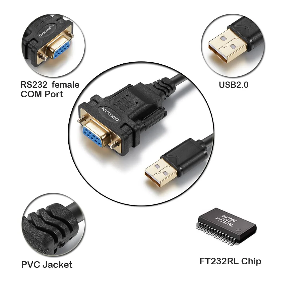 USB to RS232 DB9 Serial Cable Female Converter Adapter with FTDI Chipset for Windows 11,10, 8.1, 8, 7, Vista, XP, 2000, Linux and Mac OS X 10.6 (10ft) 10FT RS-232 DB9 Female to USB - Image 8