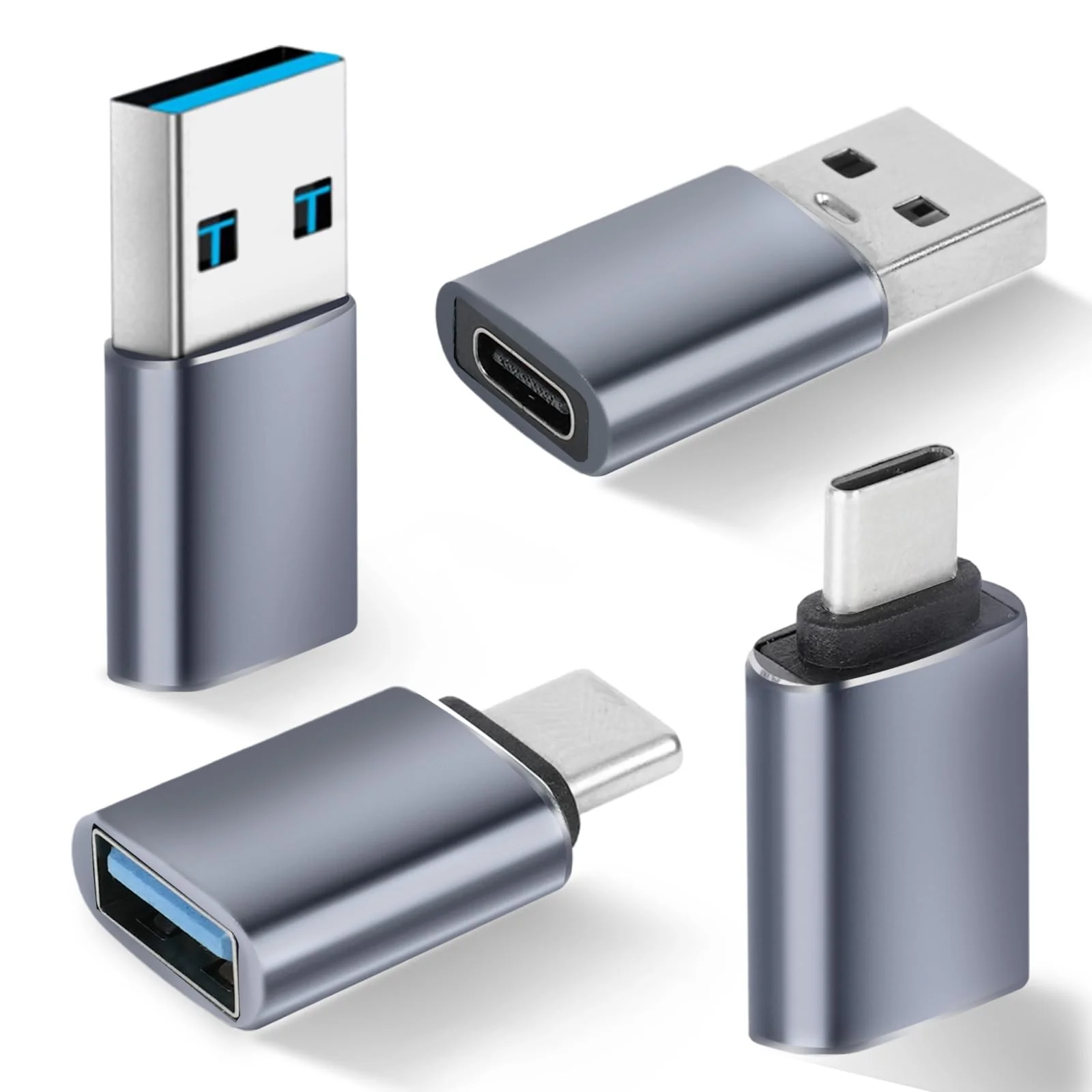 USB to USB C Adapter 4 Pack, 2*Type C Female to A Male Charger Converter & 2*USB C Male to USB 3.0 Female for Apple Watch iPhone 15 Pro Max 14 13 12,AirPods Ultra 8 9 Samsung, OTG Adapt USB to USB C