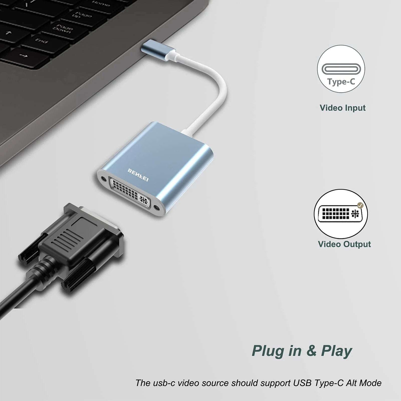 USB Type C(Thunderbolt 3) to DVI Adapter, Benfei USB 3.1 (USB-C) to DVI-D Adapter Male to Female Converter Compatible for Apple New MacBook [2015 ,2016,2017] - Image 5