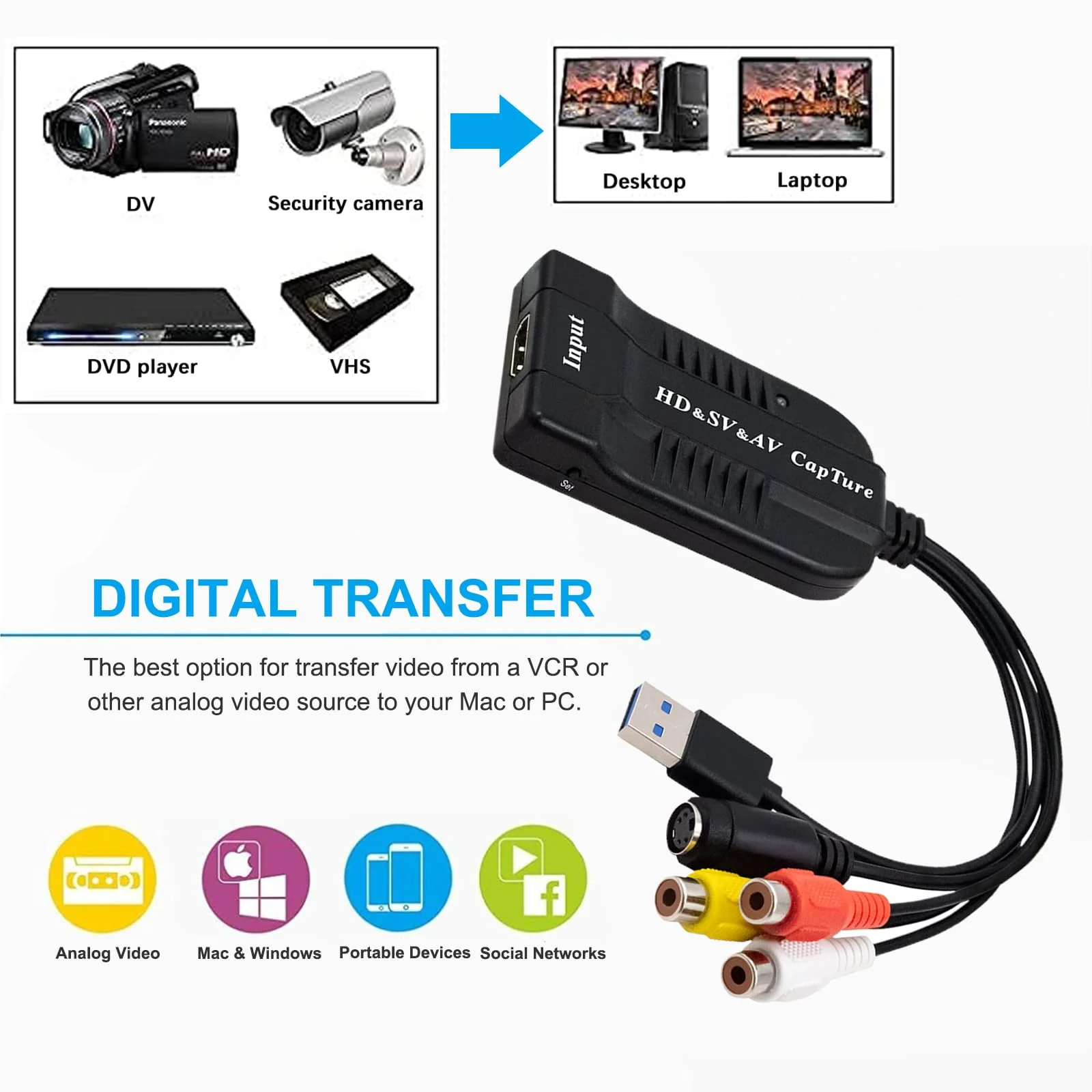 USB Video Capture Card HDMI/AV/RCA/S-Video to USB2.0 Audio Video Capture Device 1080P30fsp Hi8, VCR, VHS to Digital Converter for Camcorder DVD PS4 Live Streaming Compatible with Mac Windows - Image 6