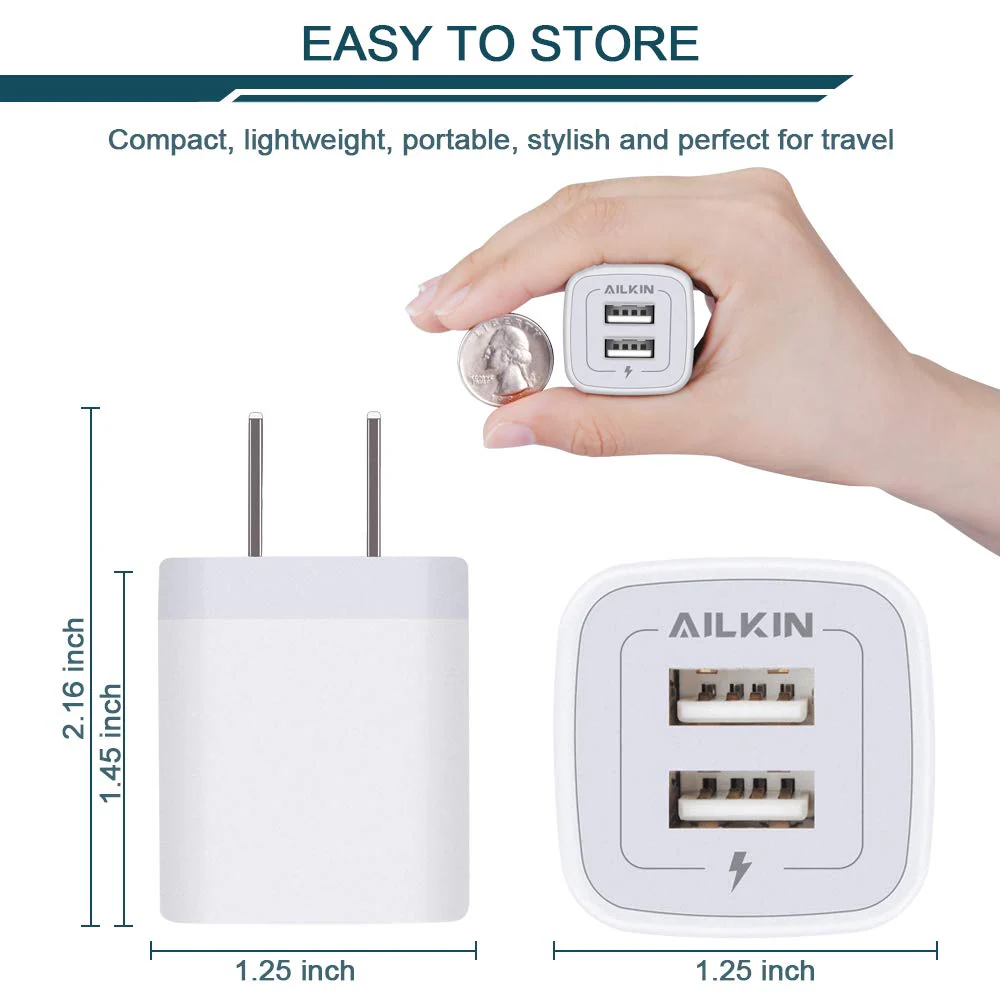 USB Wall Charger, Charger Adapter, AILKIN 2-Pack 2.1Amp Dual Port Quick Charger Plug Cube for iPhone SE/11 Pro Max/8/7/6S/6S Plus/6 Plus/6, Samsung Galaxy S7/S6/S5 Edge, LG, HTC, Huawei, Moto, Kindle White - Image 2