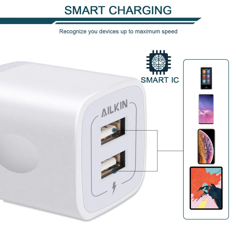 USB Wall Charger, Charger Adapter, AILKIN 2-Pack 2.1Amp Dual Port Quick Charger Plug Cube for iPhone SE/11 Pro Max/8/7/6S/6S Plus/6 Plus/6, Samsung Galaxy S7/S6/S5 Edge, LG, HTC, Huawei, Moto, Kindle White - Image 4