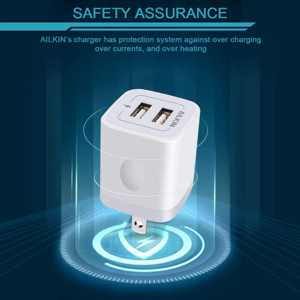 USB Wall Charger, Charger Adapter, AILKIN 2-Pack 2.1Amp Dual Port Quick Charger Plug Cube for iPhone SE/11 Pro Max/8/7/6S/6S Plus/6 Plus/6, Samsung Galaxy S7/S6/S5 Edge, LG, HTC, Huawei, Moto, Kindle White - Image 5
