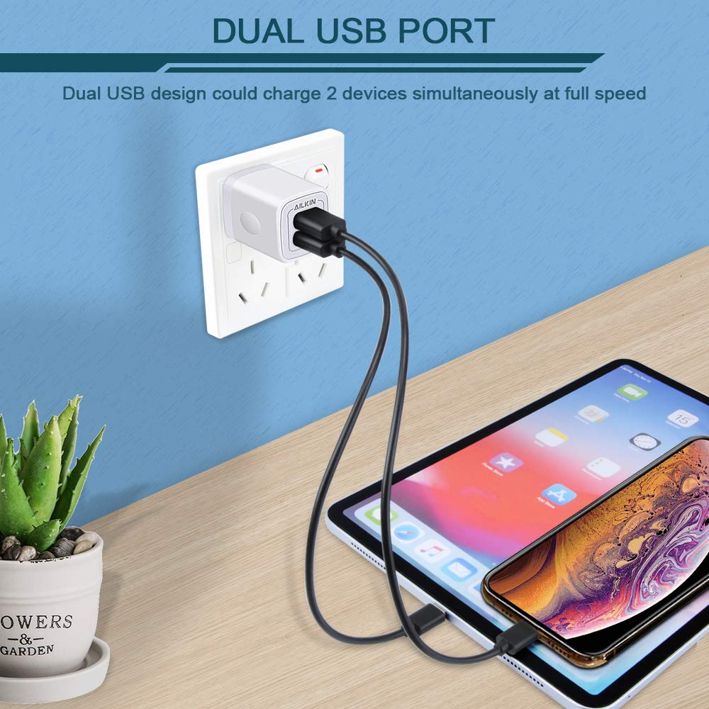 USB Wall Charger, Charger Adapter, AILKIN 2-Pack 2.1Amp Dual Port Quick Charger Plug Cube for iPhone SE/11 Pro Max/8/7/6S/6S Plus/6 Plus/6, Samsung Galaxy S7/S6/S5 Edge, LG, HTC, Huawei, Moto, Kindle White - Image 6