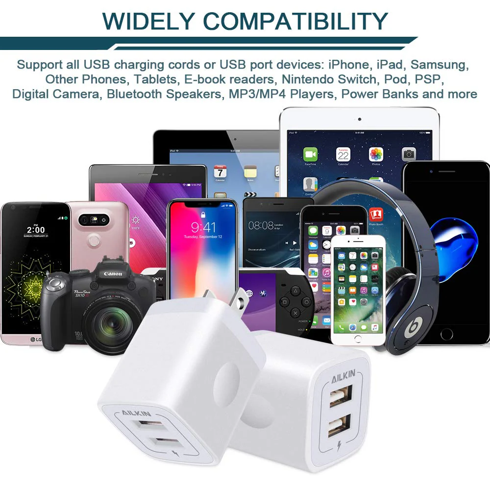 USB Wall Charger, Charger Adapter, AILKIN 2-Pack 2.1Amp Dual Port Quick Charger Plug Cube for iPhone SE/11 Pro Max/8/7/6S/6S Plus/6 Plus/6, Samsung Galaxy S7/S6/S5 Edge, LG, HTC, Huawei, Moto, Kindle White - Image 7