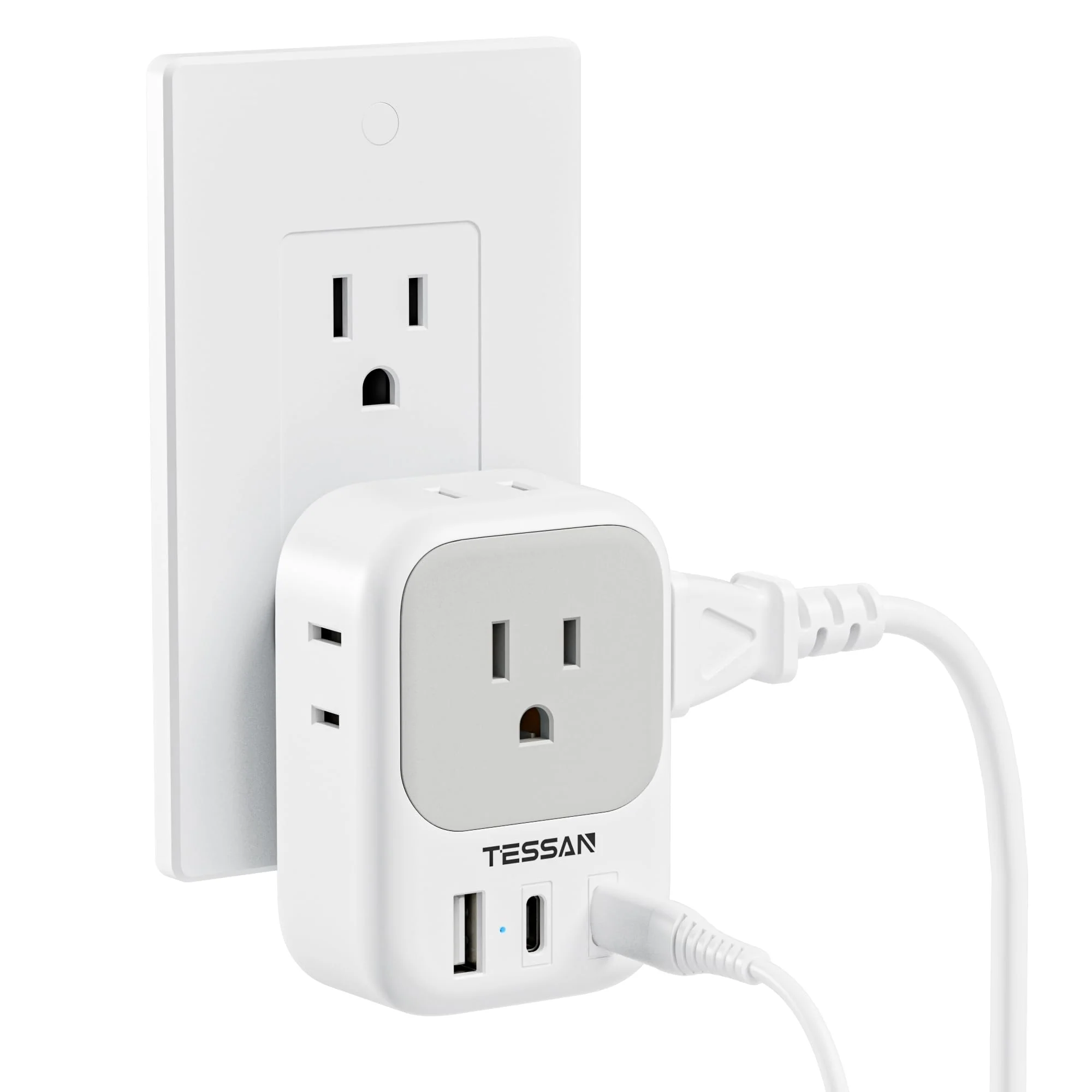 USB Wall Charger, TESSAN Outlet Splitter with 4 AC Outlets Extender and 3 USB (2 USB C Blocks), Multi Plug Expander Charging Station for Cruise, Home, Office, Dorm Room Essentials