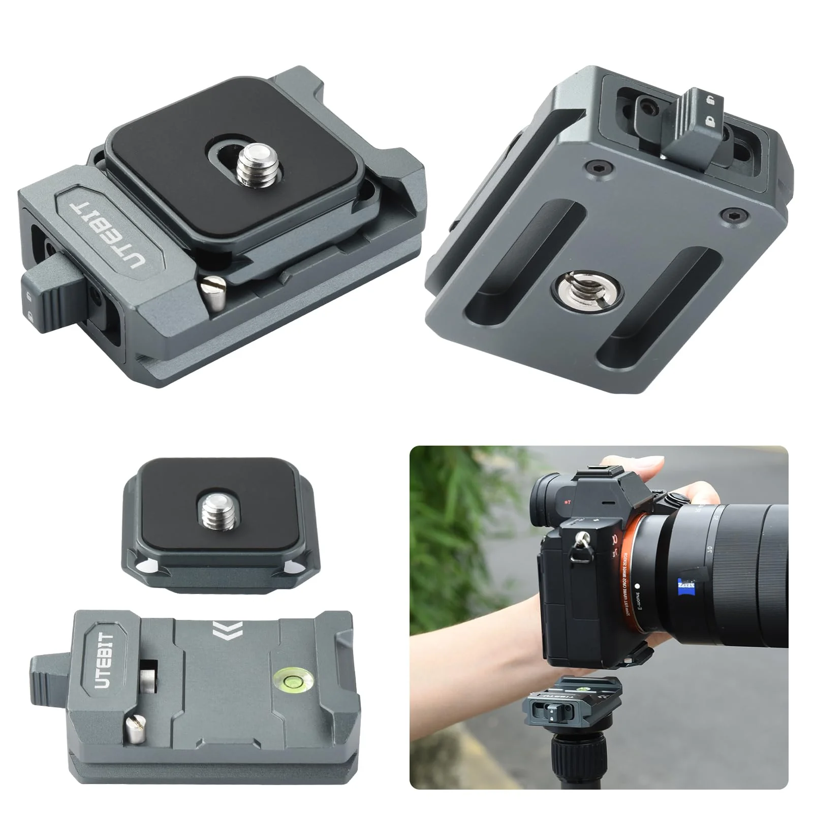 UTEBIT Camera Quick Release Plate Aluminum QR Clamp Adapter Set with 1/4“ & 3/8” Screw Adapter Compatible with Arca Swiss Peak Design Capture V3 Camera Tripod Ball Head - Image 2
