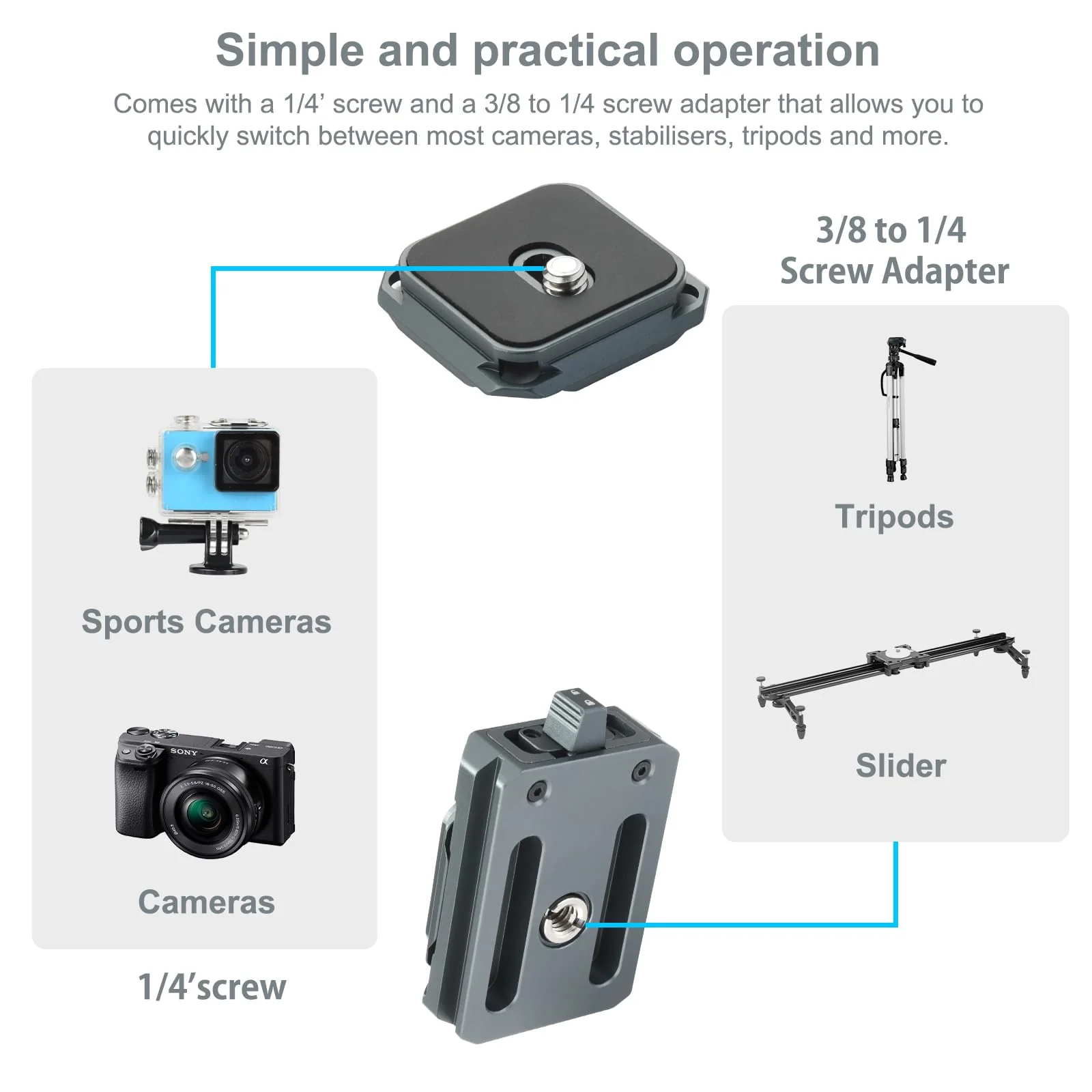 UTEBIT Camera Quick Release Plate Aluminum QR Clamp Adapter Set with 1/4“ & 3/8” Screw Adapter Compatible with Arca Swiss Peak Design Capture V3 Camera Tripod Ball Head - Image 3