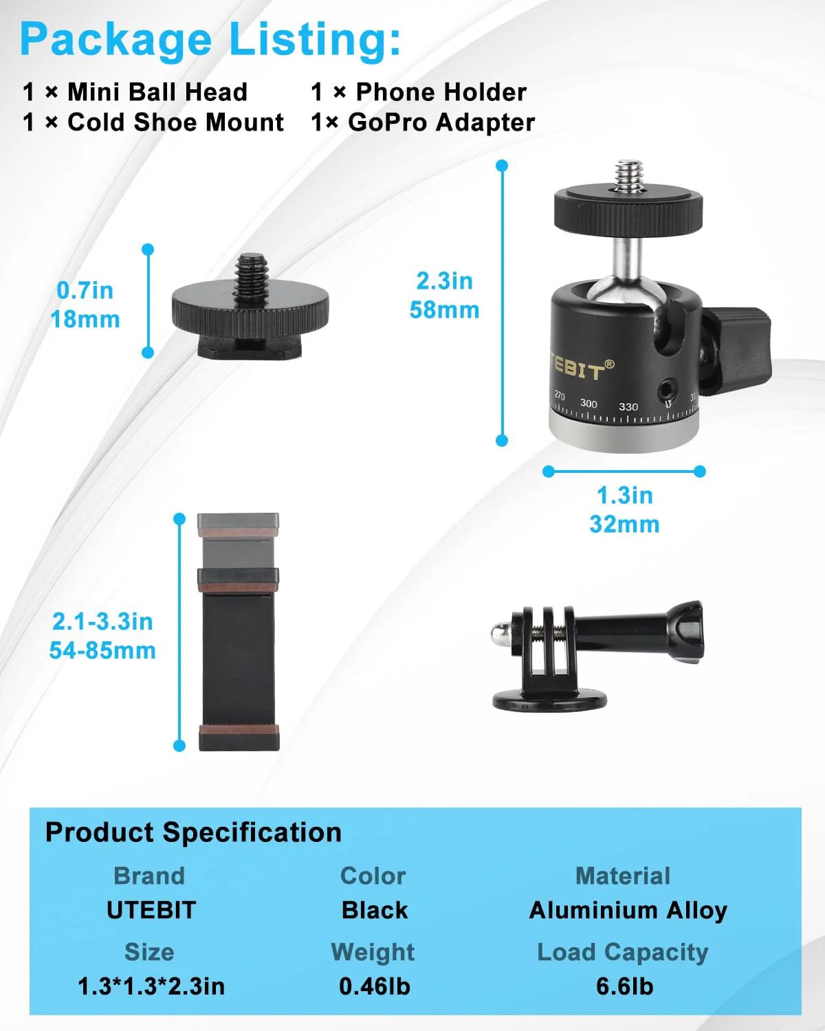 UTEBIT Mini Ball Head, 360° Panoramic Tripod Head Mount with 1/4" Screw, 20 mm Camera Ball Head Mount Compatible with Arca Swiss for Video Cameras DSLR Cameras Loading 6.6lb 20mm Scale Ball Head - Image 4