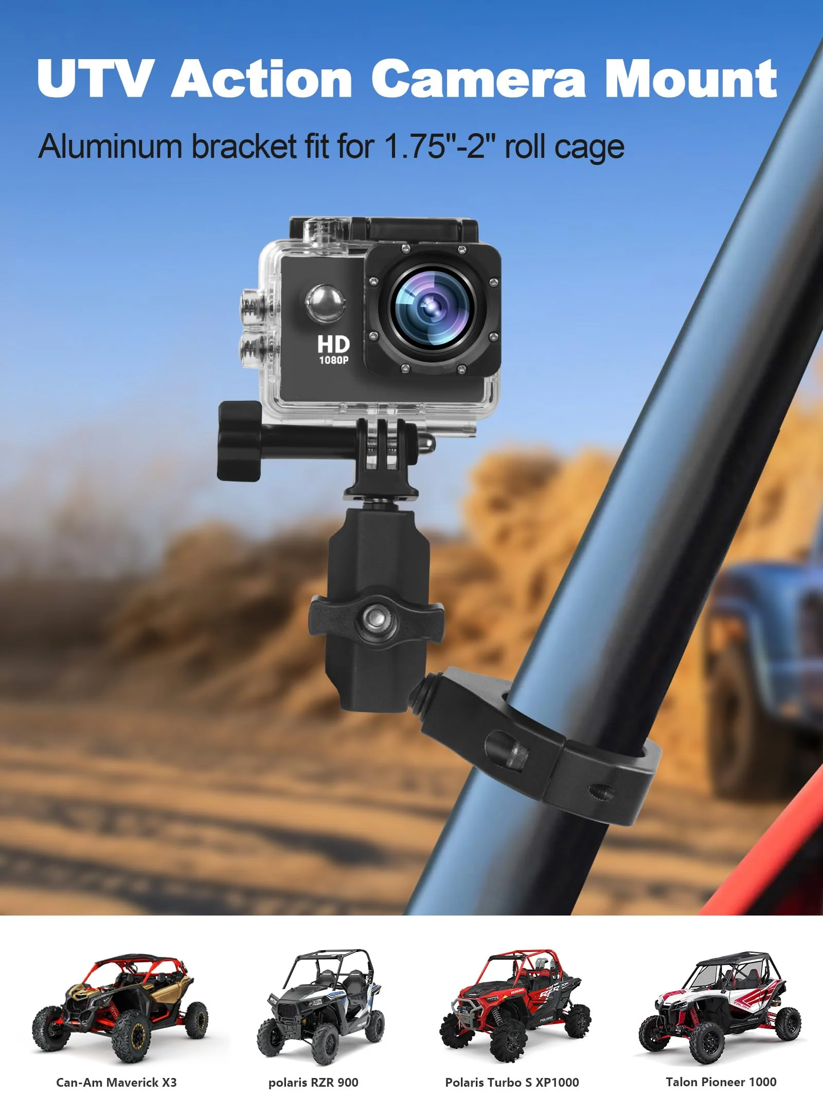 UTV Camera Mount for 1.75"-2" Roll Bars - Compatible with GoPro, Mevo Start & More - Easy to Install Action Camera Accessories on Polaris RZR, Can Am - Durable Alu Alloy Made & 360° Rotation - Image 2