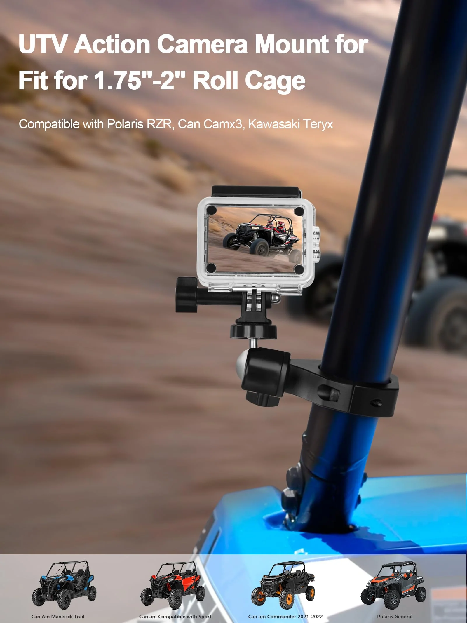 UTV Camera Mount for GoPro & More, Aluminum Bracket Fits 1.75"-2" Roll Cage on Polaris RZR, 360° Rotation UTV Camera Holder Compatible with Insta360, AKASO, DJI Osmo Action Cameras - Image 2