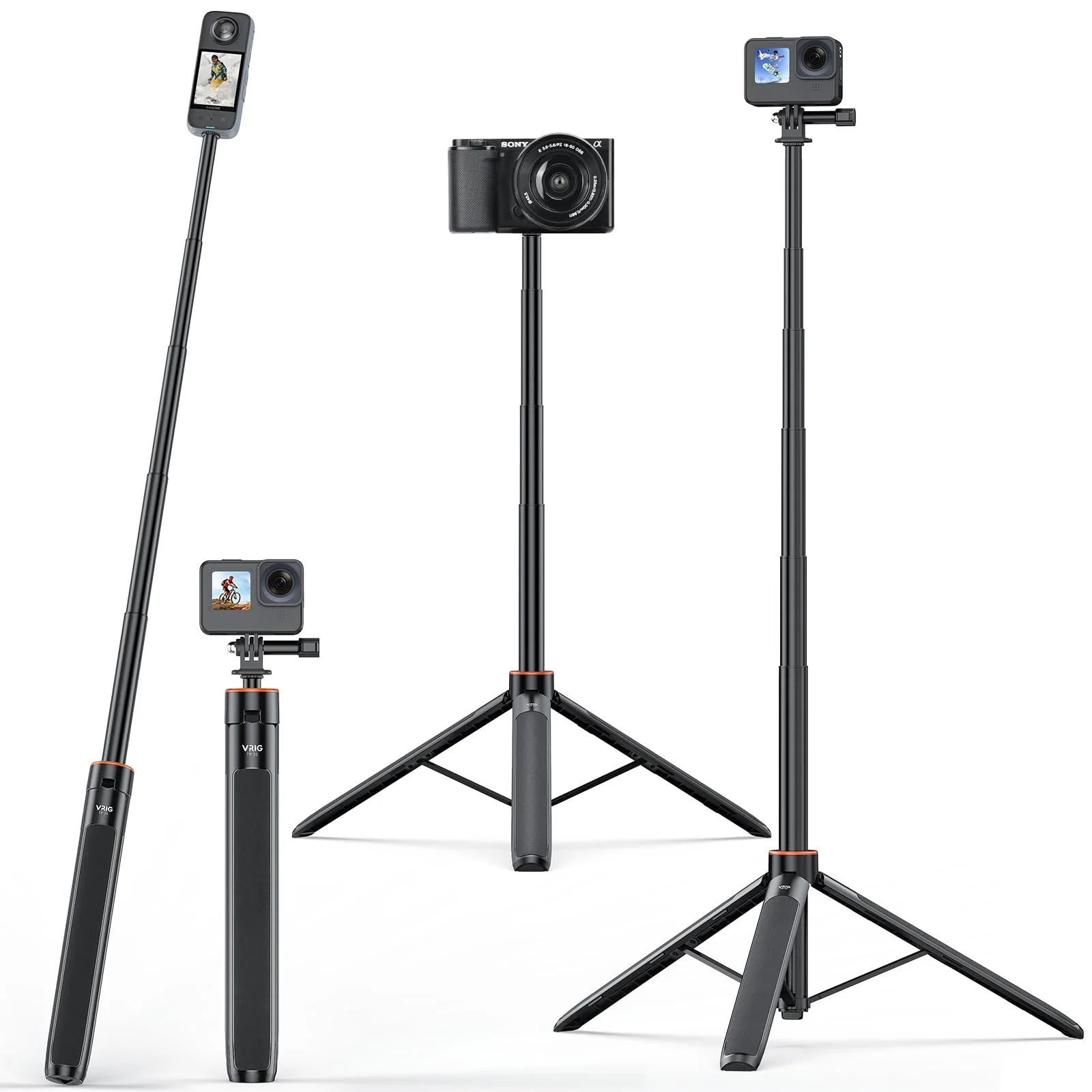 UURig TP21 54inch Telescopic Selfie Stick Long with Tripod, Waterproof Hand Grip, for Insta360 GoPro Hero 10 9 8 7 6 5 4 3 2, Fusion, Max, Session, AKASO, SJCAM, DJI OSMO GoPro A0097