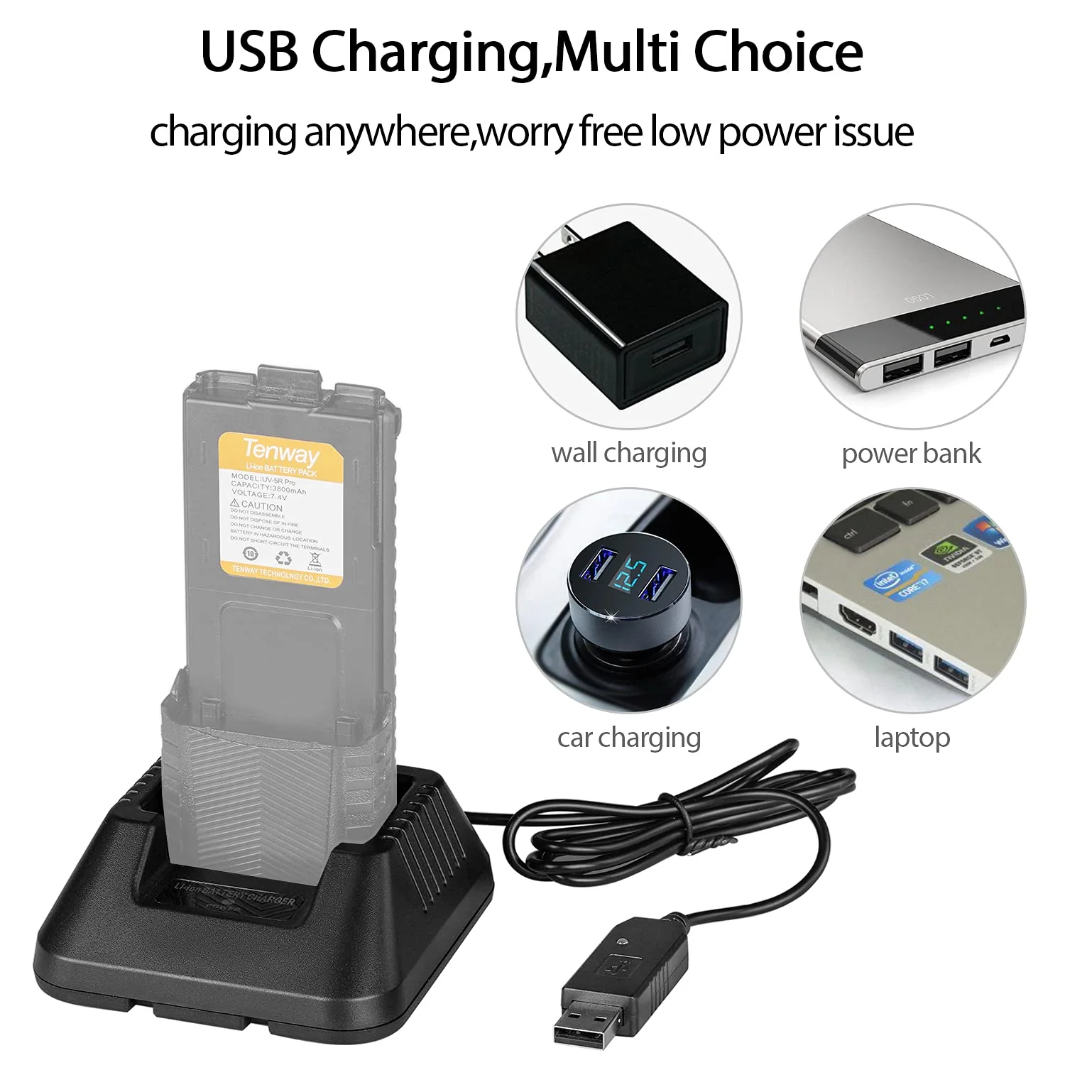 UV-5R BF-F8H Charger More USB Cable Charger with Indicator Light for Two Way Radio UV-5R Series DM-5R by Tenway - Image 4