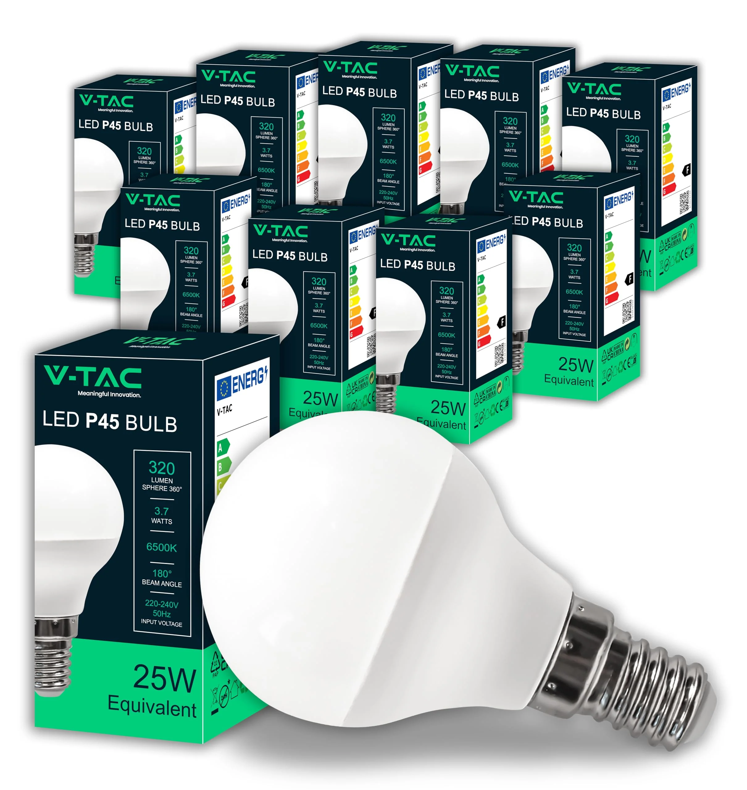 V-TAC 10 x LED Light Bulbs P45 Maximum Energy Efficiency E14 3.7 W (Equivalent to 25 W) 320 Lumen LED Light Bulbs Energy Saving Light Bulb Light 6500 K Cool White 3.7 watts Cold White