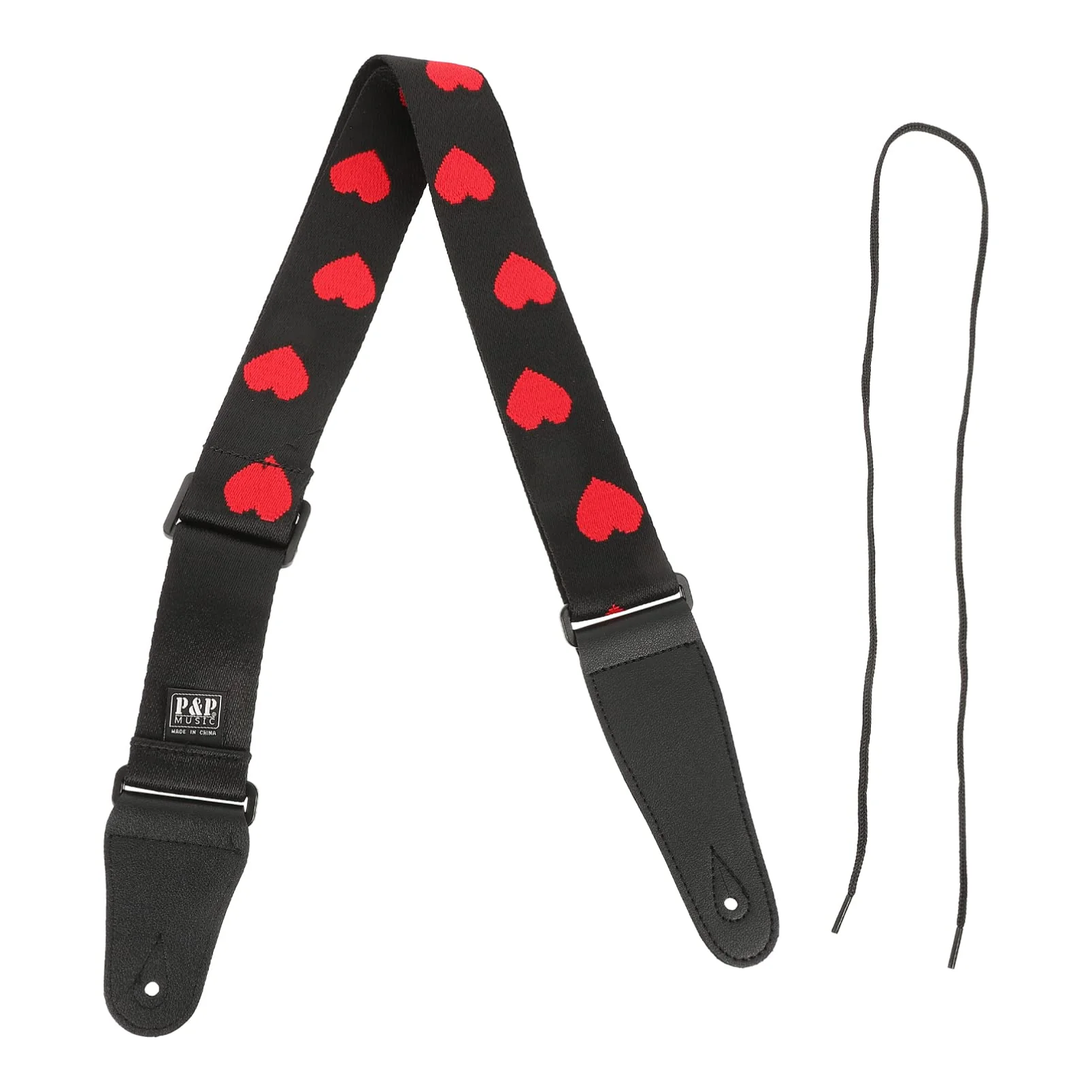 Vaguelly Guitar Strap, Adjustable Nylon Shoulder Strap with PU Ends, Embroidery Guitar Shoulder Strap Red Heart Patterned