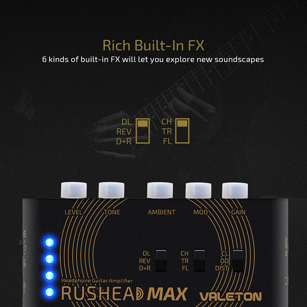 VALETON Guitar Headphone Amplifier Multi Effects Pocket Rechargeable Mini Practice Amplifier Rushead Max (Include 2 Additional Guitar Picks) - Image 3