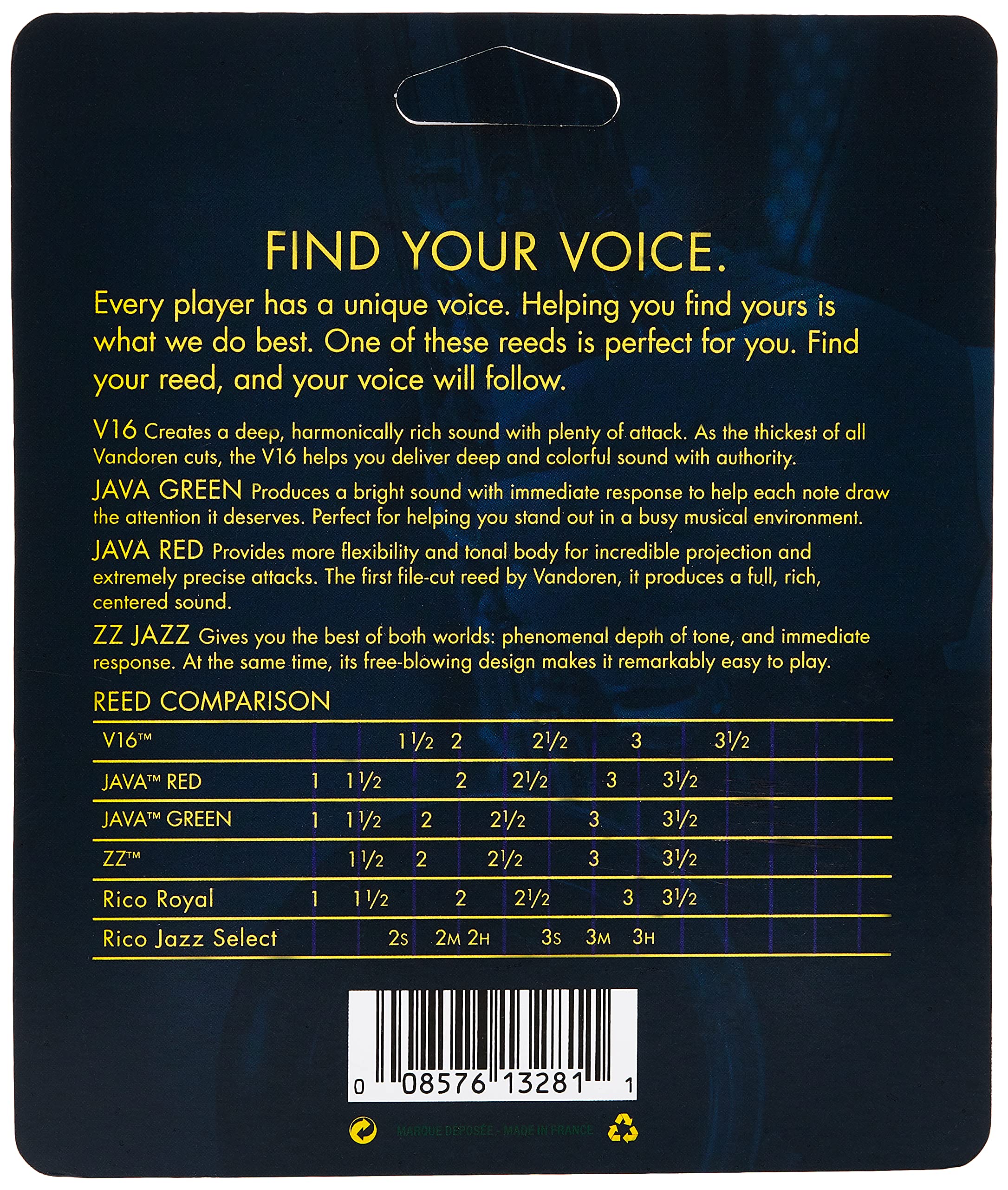 Vandoren SRMIXA25 Alto Sax Jazz Reed Mix Card includes 1 each ZZ, V16, JAVA and JAVA Red Strength 2.5 - Image 2