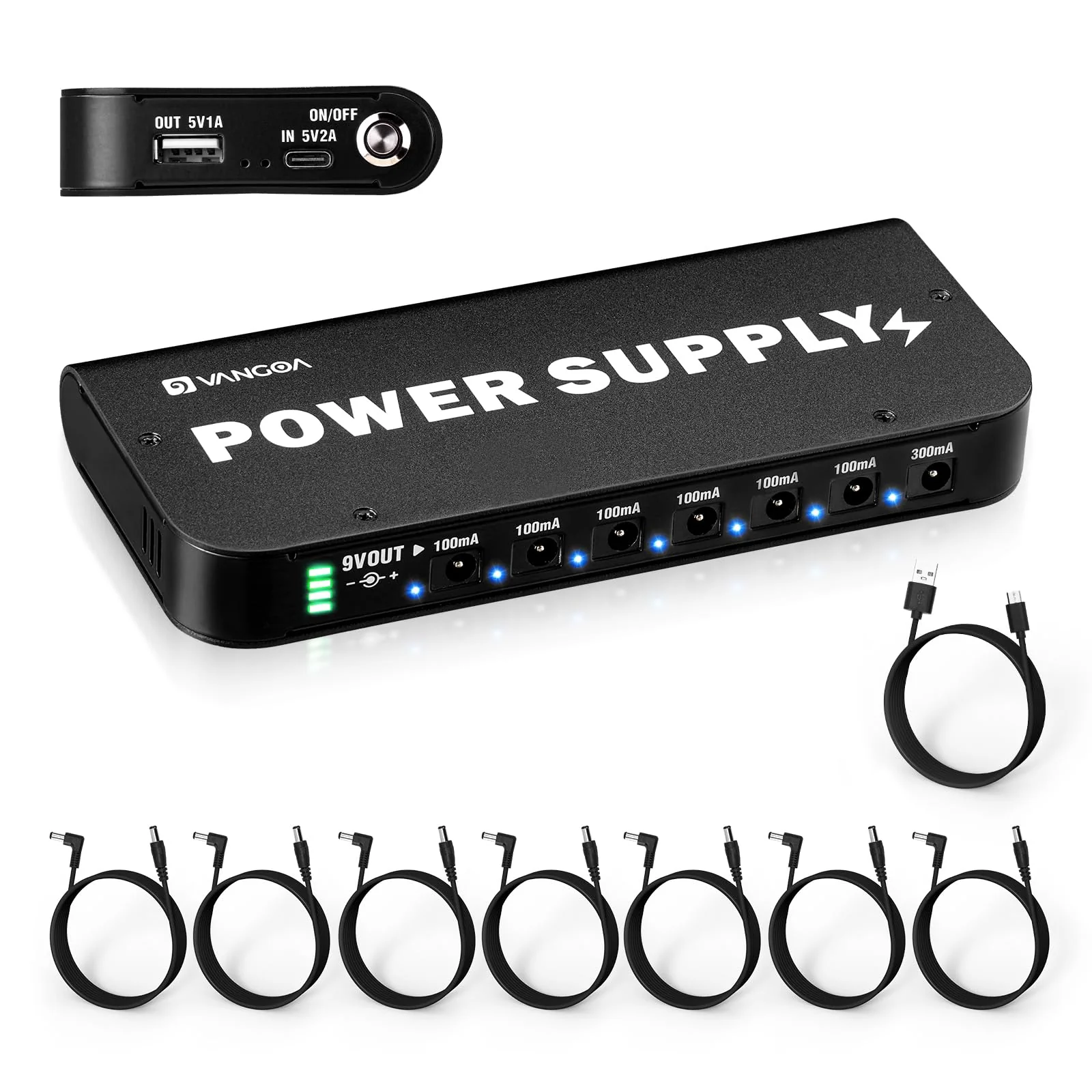 Vangoa Rechargeable Guitar Pedal Power Supply Built-in 4600mAh Battery with LED Indicator 7 Outputs DC 9V (300mA, 100mA), 5V/1A USB Port, Portable Guitar Pedal Power Supply, Black, PS-01 6.9''*3''*0.9''