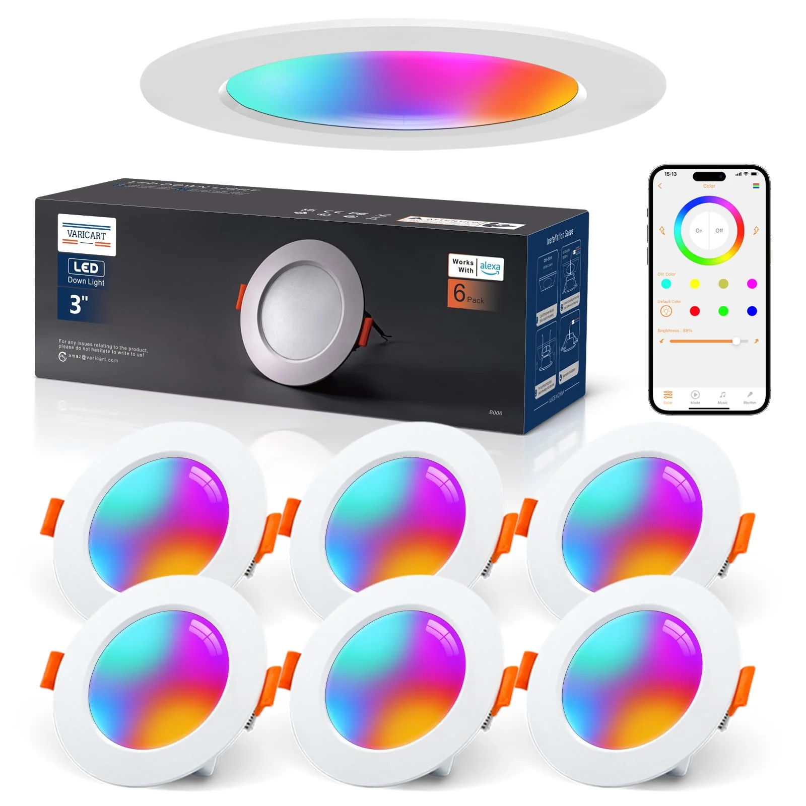 VARICART LED Recessed Spotlight 230 V RGB Alexa, Smart LED Spot Flat Bluetooth 7 W 2700 K-6000 K, Recessed Spotlights, Dimmable, Colourful, Set of 6, IP44 68 mm Recessed Lights, App Control, Colours 7W Ø68-85mm Lochmass