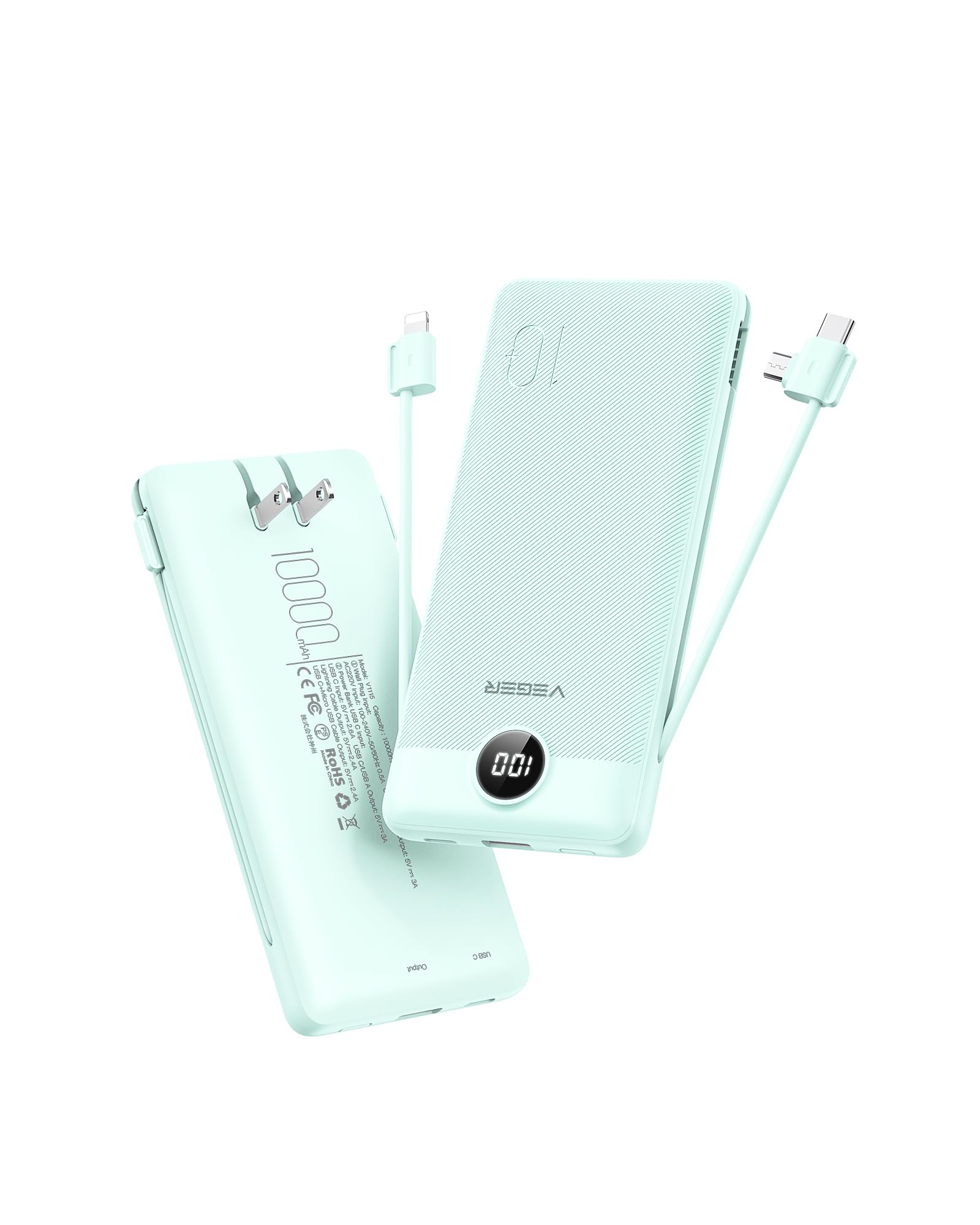 VEGER Portable Charger for iPhone with Built in Cables and Wall Plug, 10000mah Slim Fast Charging USB C Power Bank, Travel Essential Battery Pack Compatible with iPhone, iPad, Samsung etc(Green) Green
