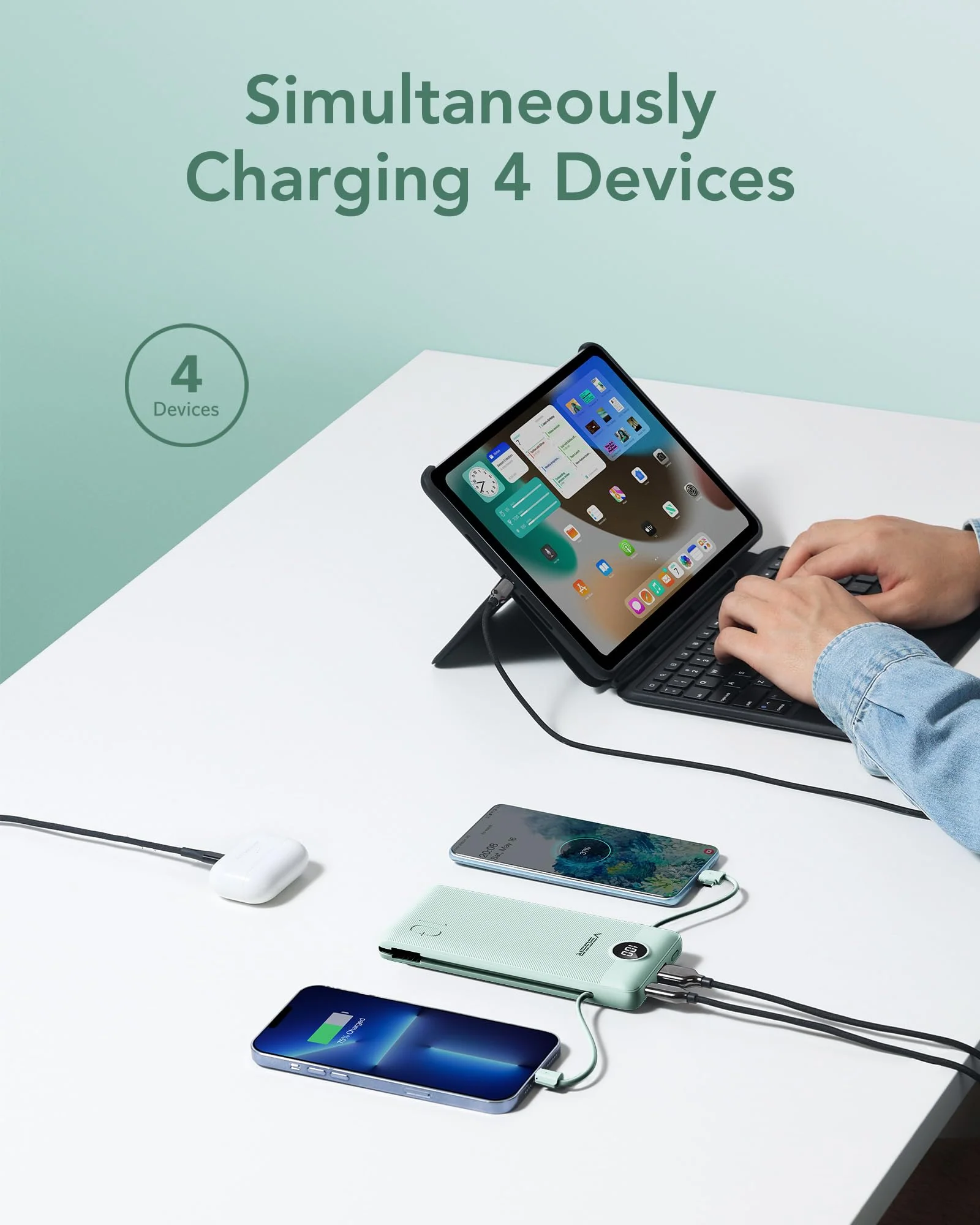 VEGER Portable Charger for iPhone with Built in Cables and Wall Plug, 10000mah Slim Fast Charging USB C Power Bank, Travel Essential Battery Pack Compatible with iPhone, iPad, Samsung etc(Green) Green - Image 4