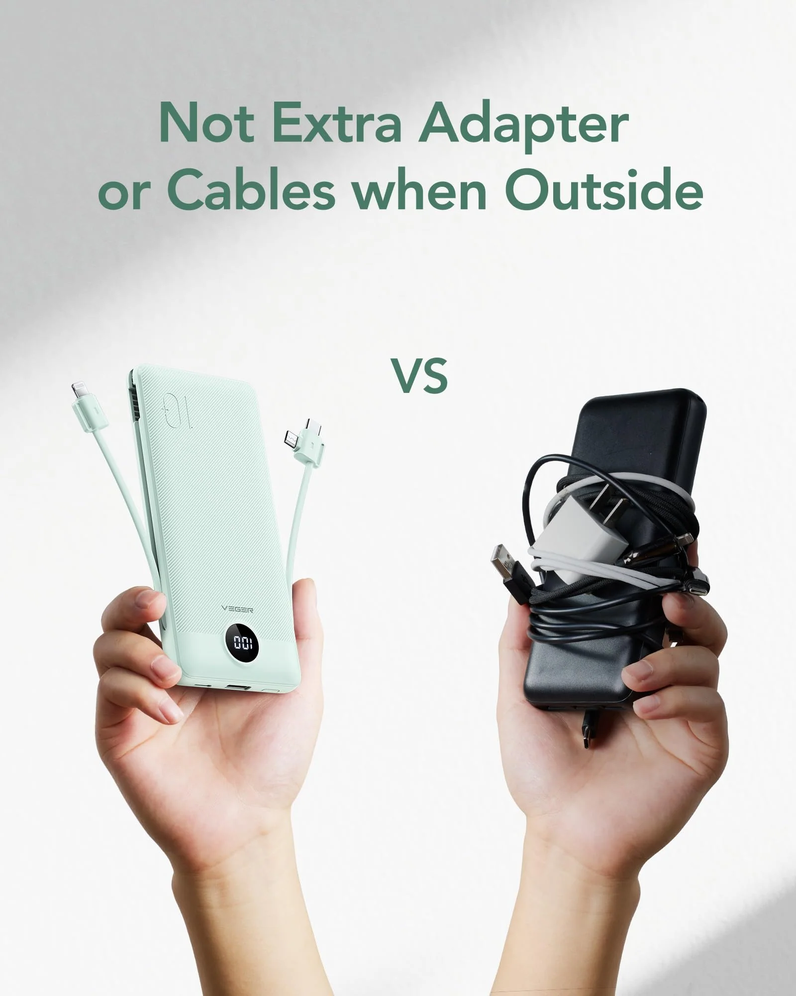 VEGER Portable Charger for iPhone with Built in Cables and Wall Plug, 10000mah Slim Fast Charging USB C Power Bank, Travel Essential Battery Pack Compatible with iPhone, iPad, Samsung etc(Green) Green - Image 7