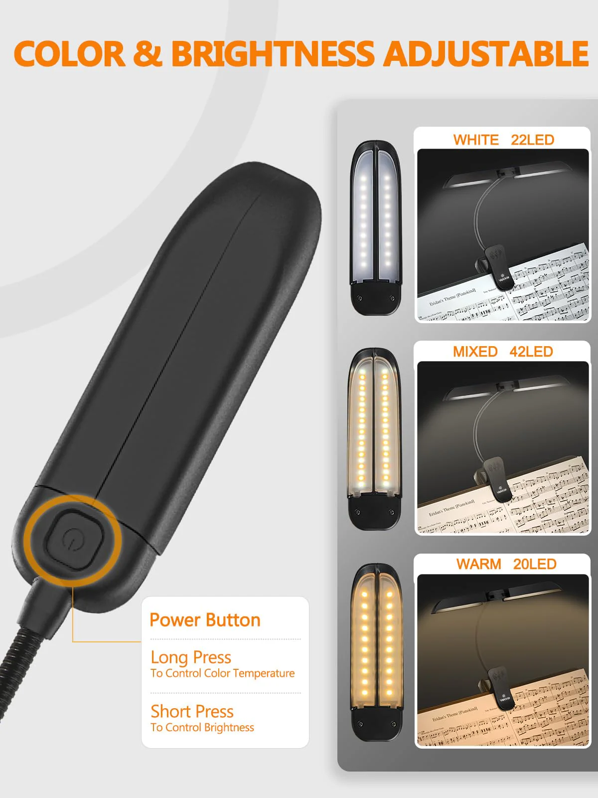 Vekkia Folding Music Stand Light, Portable 42 Led Rechargeable Super Bright Clip On Piano Lamp, Professional 5 Brightness×3 Color Temperature, Perfect for Grand Piano, Book Reading. Black - Image 2