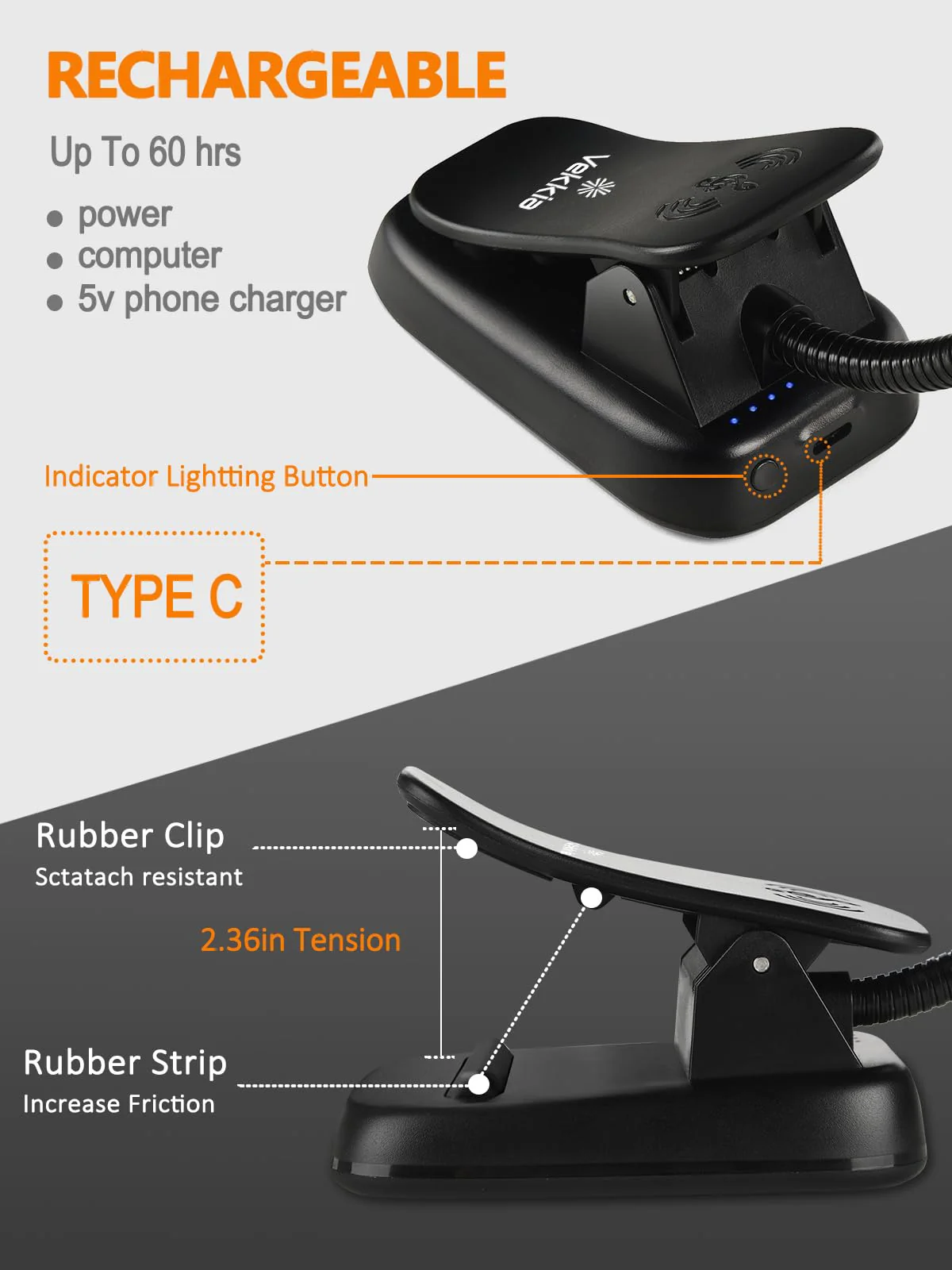 Vekkia Folding Music Stand Light, Portable 42 Led Rechargeable Super Bright Clip On Piano Lamp, Professional 5 Brightness×3 Color Temperature, Perfect for Grand Piano, Book Reading. Black - Image 5