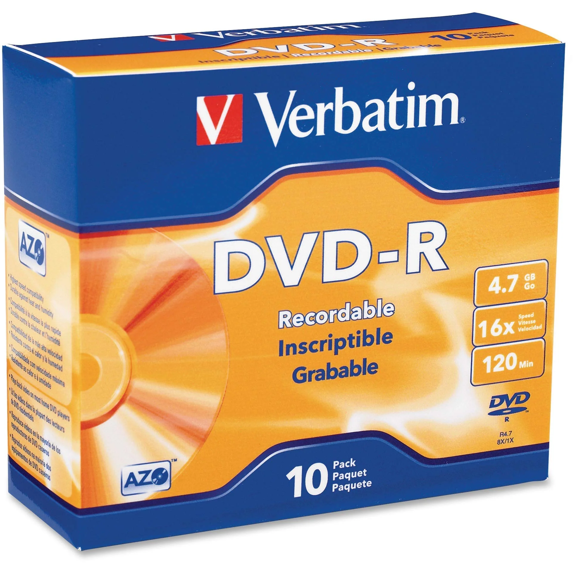 Verbatim DVD-R Blank Discs AZO Dye 4.7GB 16X Recordable Disc - 10 Pack Slim Cases 10pk Slim Cases Standard Packaging