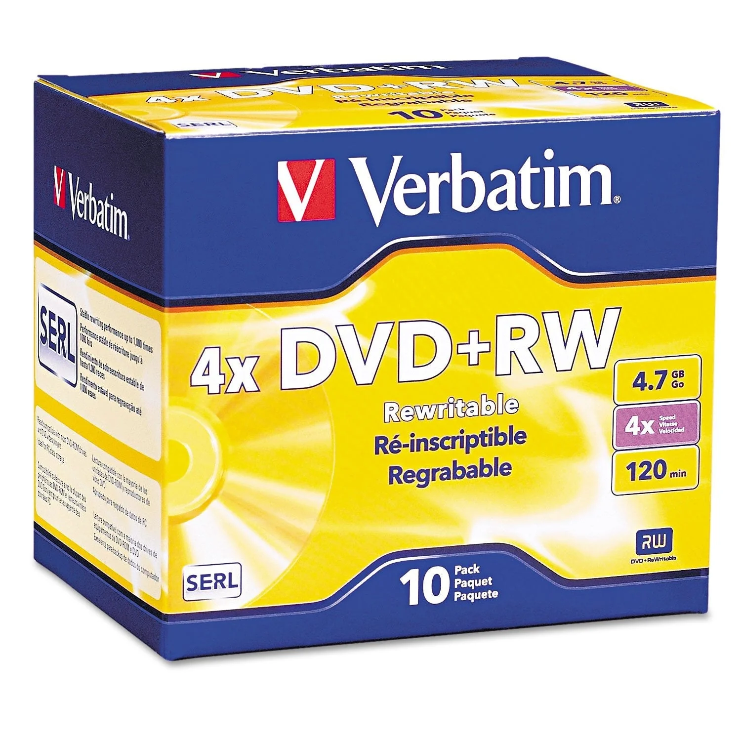 Verbatim DVD+RW Blank Discs 4.7GB 4X Recordable Discs - 10pk Slim Case 94839 Branded Surface - 10pk Slim Case Verbatim DVD