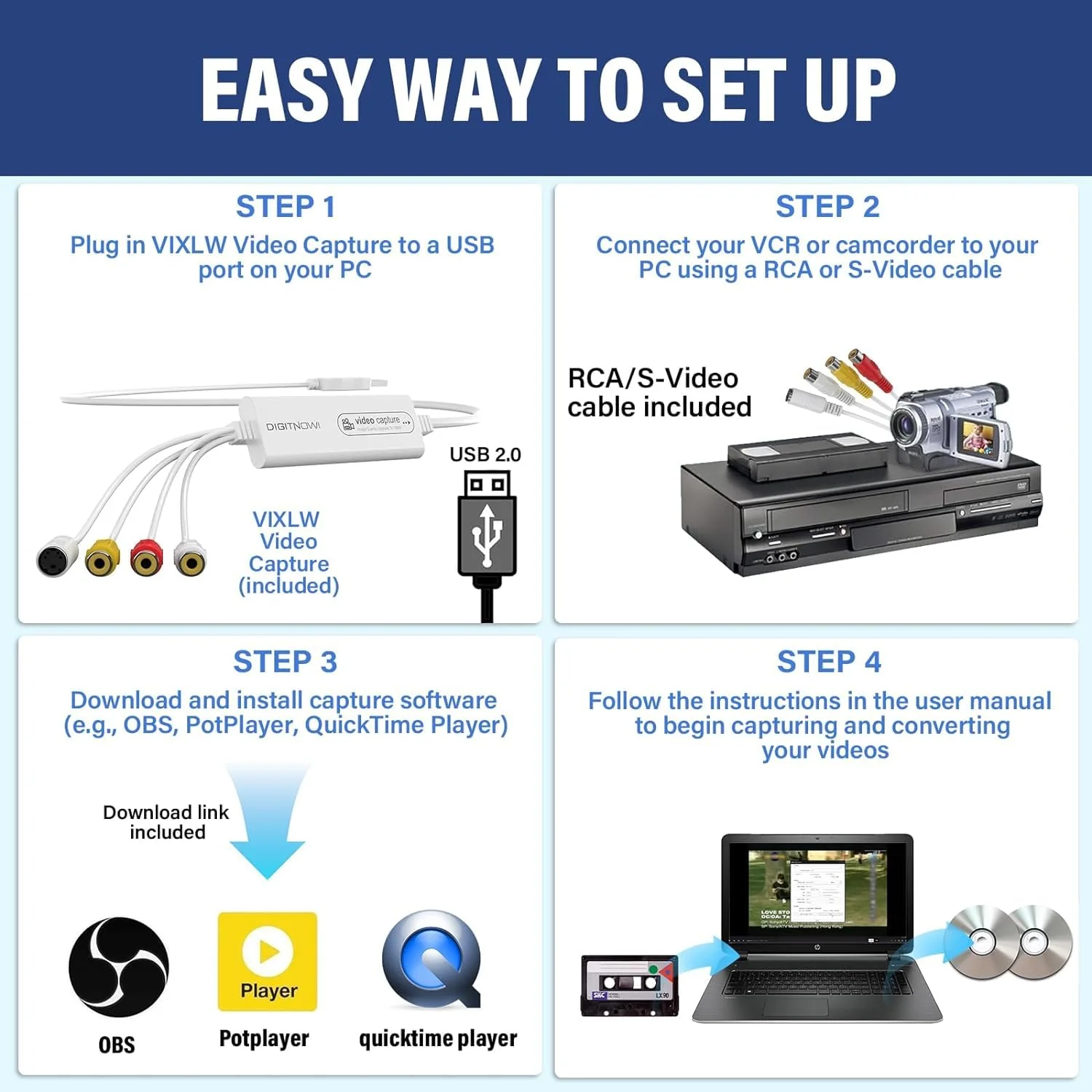 VHS TO Digital Converter, USB Video Capture Card, Video Capture Device, RCA TO USB Converter,Convert VHS VCR Hi8 Mini DV to Digital/DVD,For Tape Player Camcorder Camera PC TV,Windows Mac OS Compatible White - Image 3