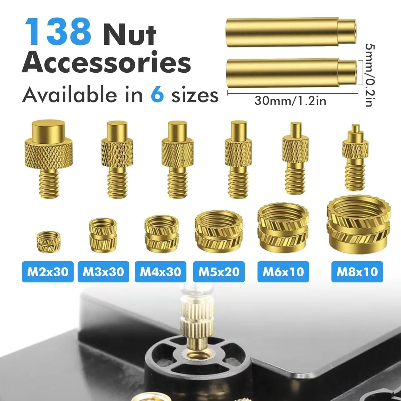 VIBINHO Threaded Inserts Soldering Tips Set, 130 Pieces Melting Thread, 6 Soldering Tips, 3D Printing Thread Inserts, Easy Use, Thread Inserts M2/M3/M4/M5/M6/M8
