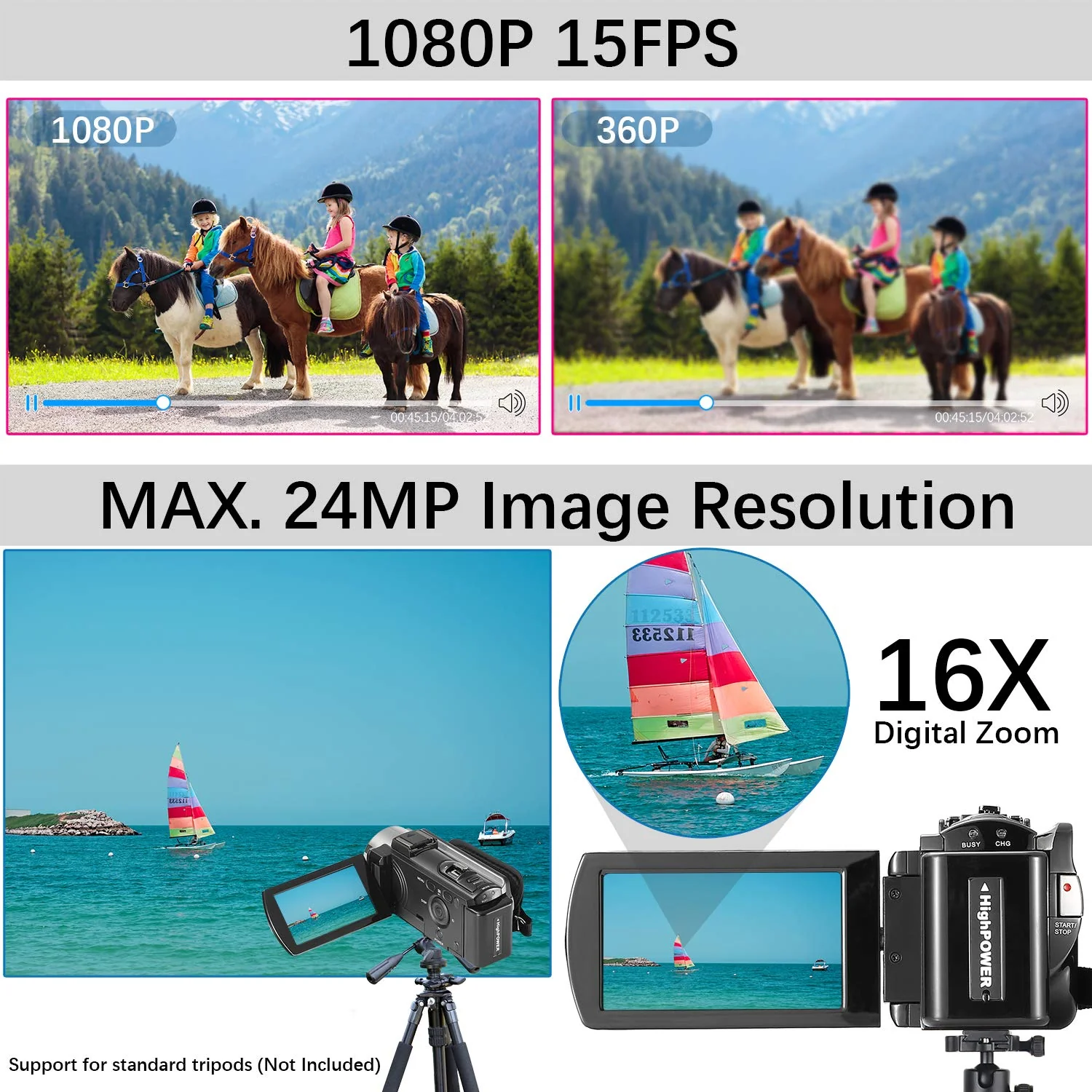 Video Camera Camcorder Digital Camera Recorder Full HD 1080P 15FPS 24MP 3.0 Inch 270 Degree Rotation LCD 16X Digital Zoom Camcorder Camera with 2 Batteries(Black) Black - Image 3