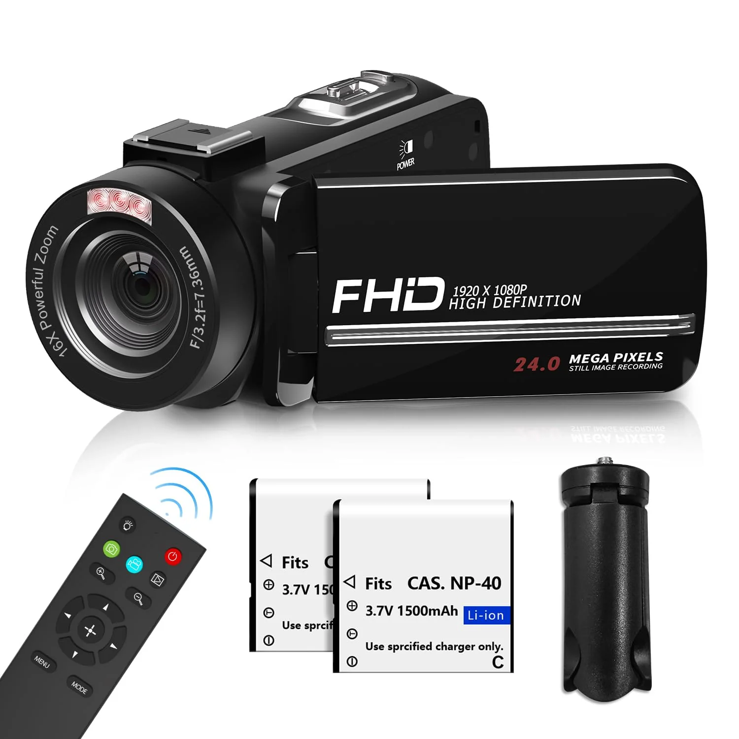 Video Camera, Full HD 1080P Camcorder 24MP Handheld Vlogging Camera with Tripod for YouTube 3" Touch Screen 18X Digital Zoom Recorder with Dual Battery Charger, Remote and 2 Batteries ebony