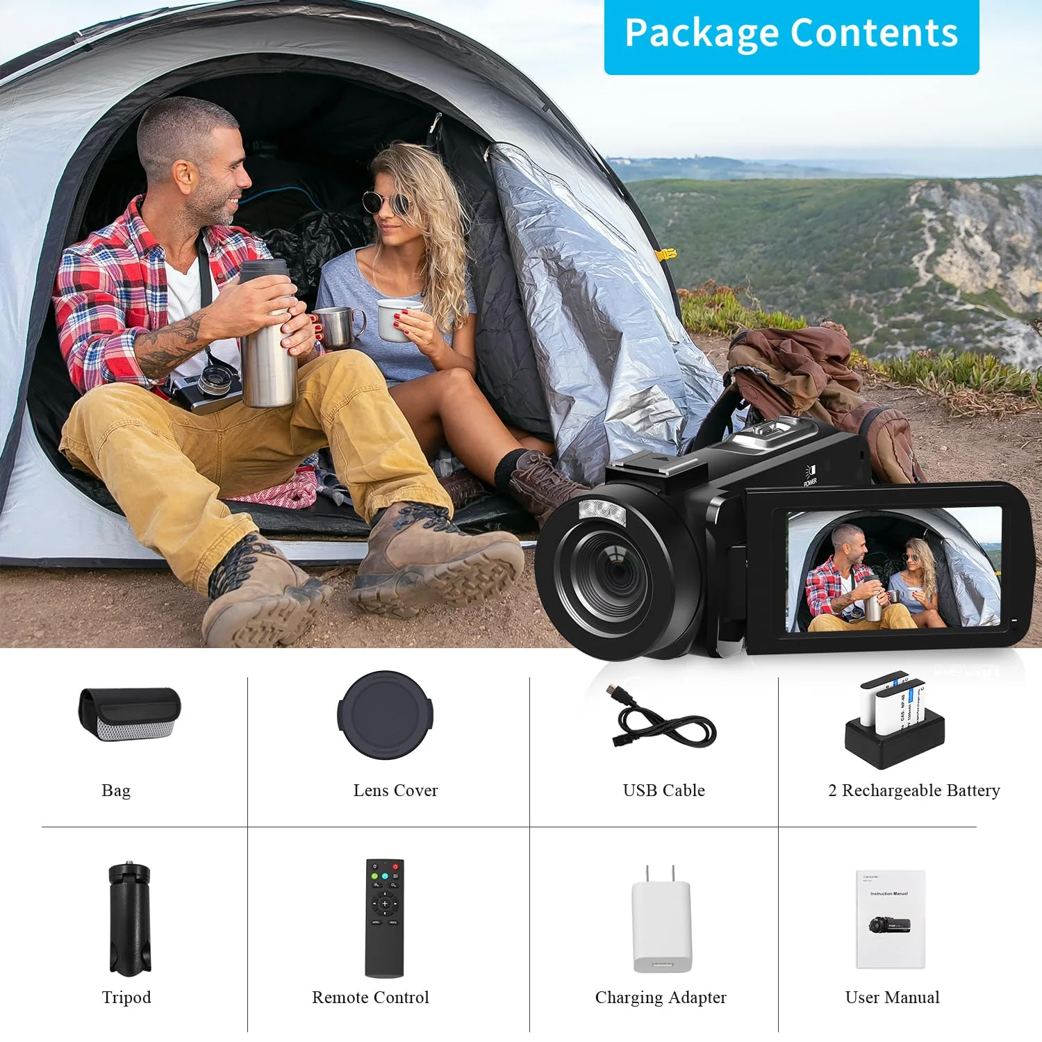 Video Camera, Full HD 1080P Camcorder 24MP Handheld Vlogging Camera with Tripod for YouTube 3" Touch Screen 18X Digital Zoom Recorder with Dual Battery Charger, Remote and 2 Batteries ebony - Image 7