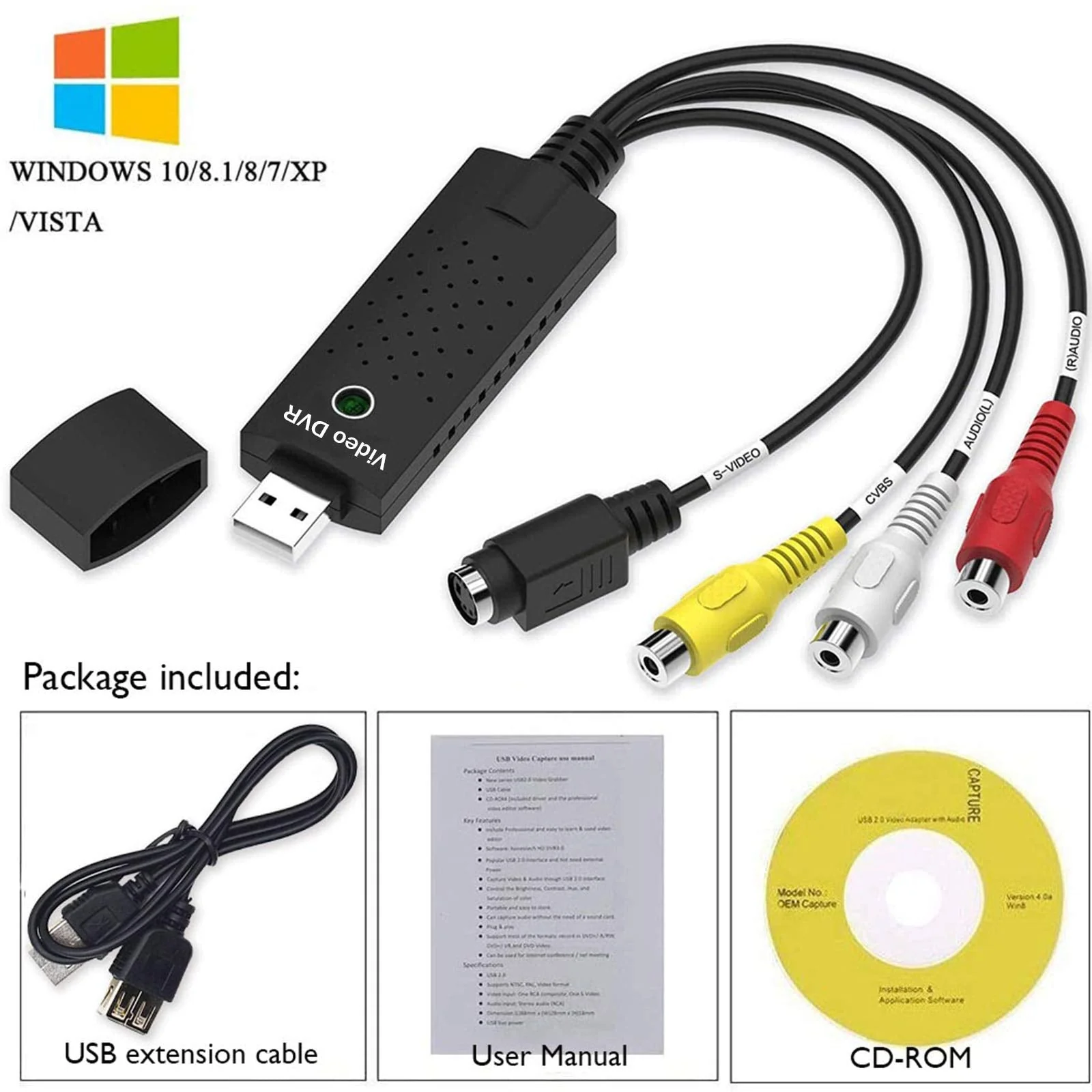 Video Capture Card USB 2.0 Audio Device Old VHS Mini DV Hi8 DVD VCR to Digital Converter for Mac, PC Support Windows 2000/10 / 8/7 / Vista/XP/Android - Image 2