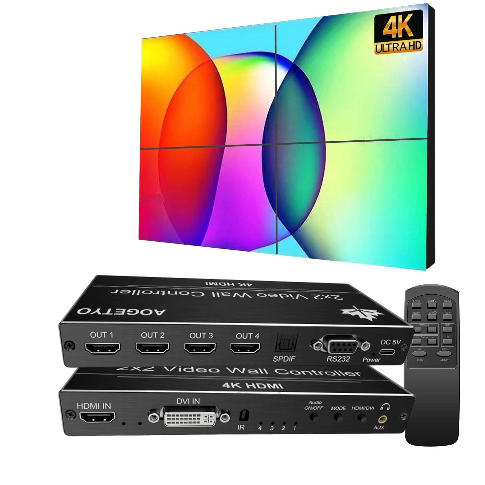 Video Wall Controller,HDMI & DVI 4k Input Makes 4 TV Screens Into 1 Wall Display, 180° Rotate, Extra Audio, IR Remote &RS232+Button Press Control, Video Wall Controller 2x2 4k 1x2,1x3,1x4,2x1,3x1x4x1