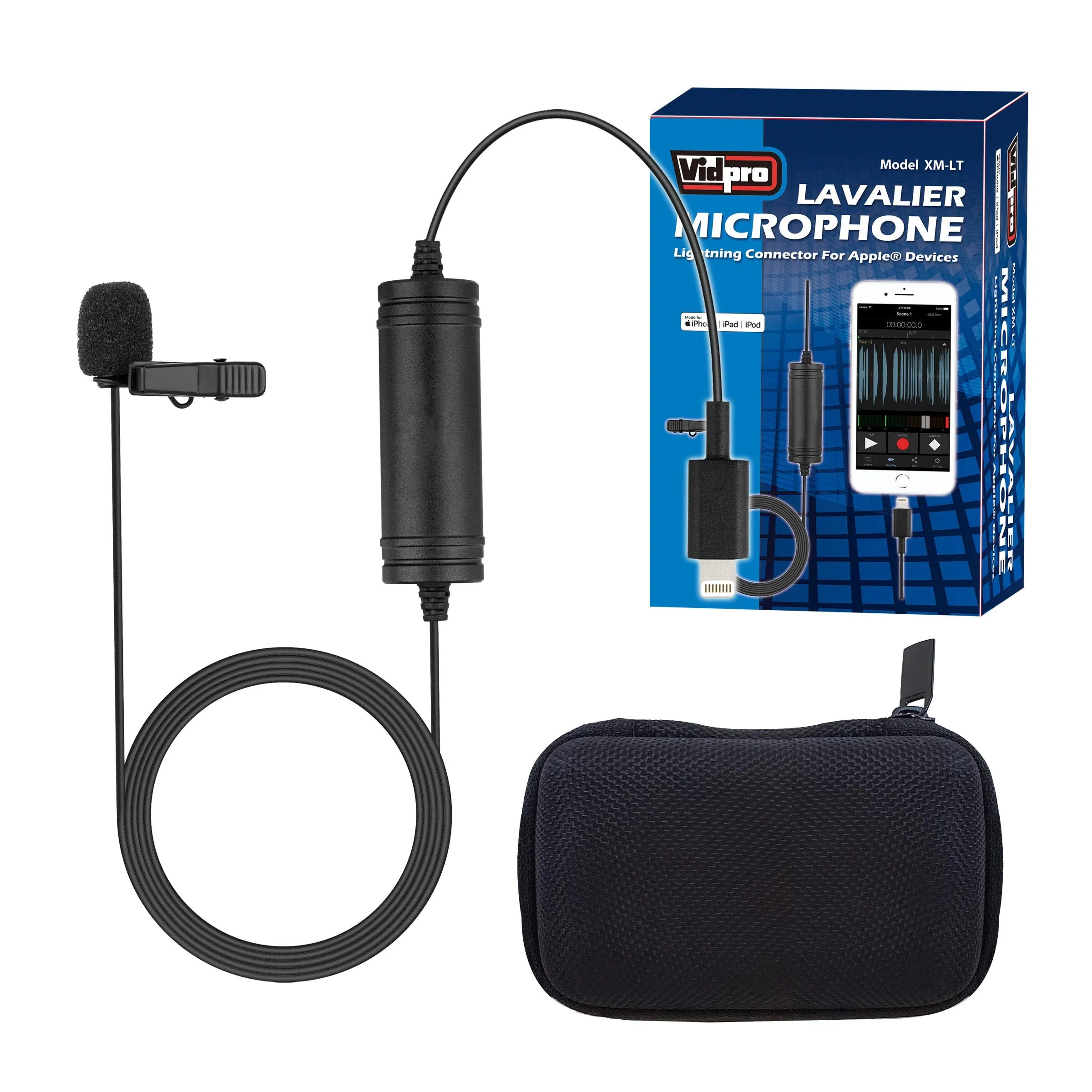 Vidpro XM-LT Lavalier Microphone for Apple iOS Devices fits iPad and iPhone. Omni-Directional Audio Pickup Pattern. Includes 20 Foot Audio Cable with Lapel Clip and Foam Windscreen