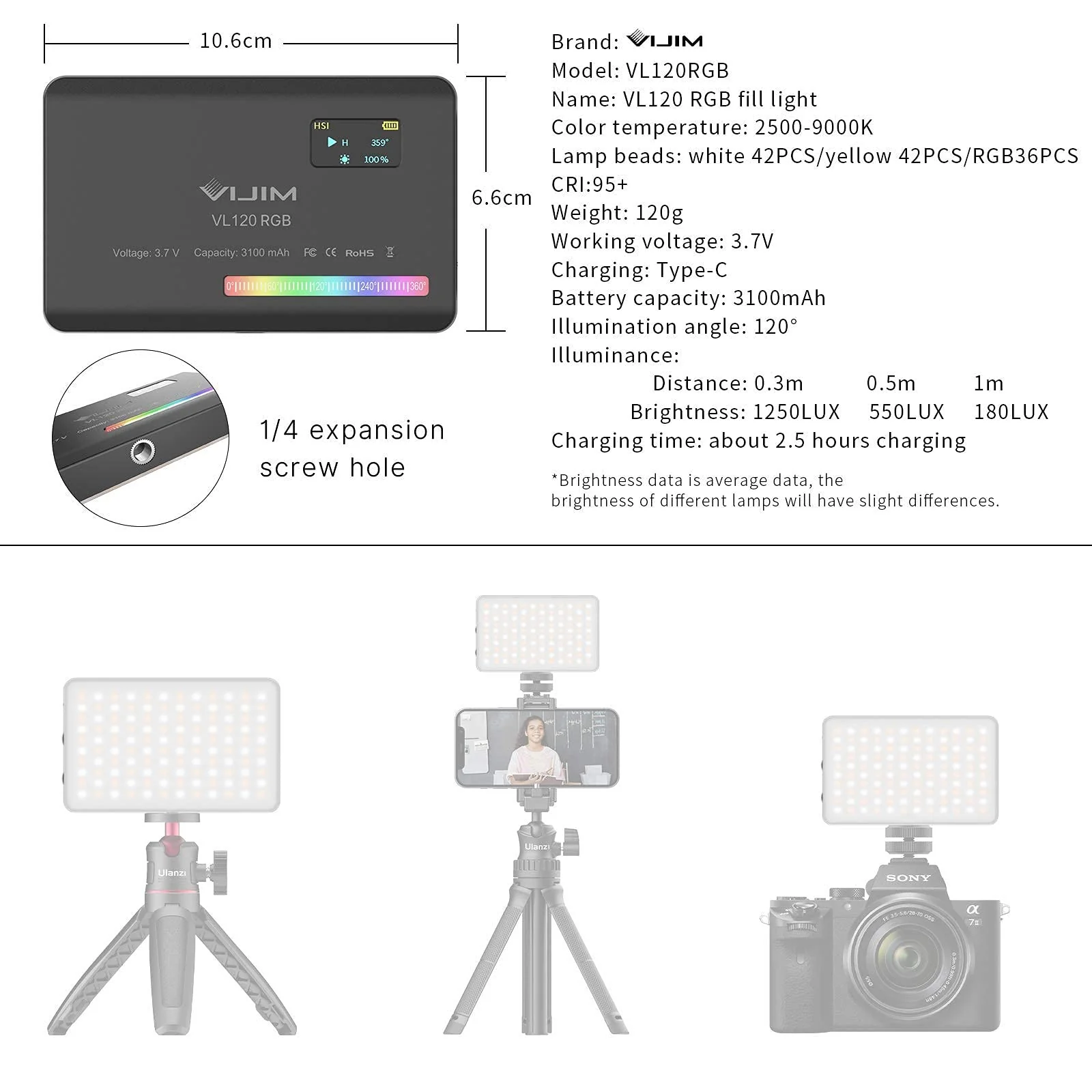 VIJIM VL120 RGB Video Light, Portable LED Camera Light Panel 0-360 Full Color, CRI 95+ 2500-9000K LED 3100mAh Rechargeable DSLR Lighting for Vlogging, Photography, Video Conference - Image 7