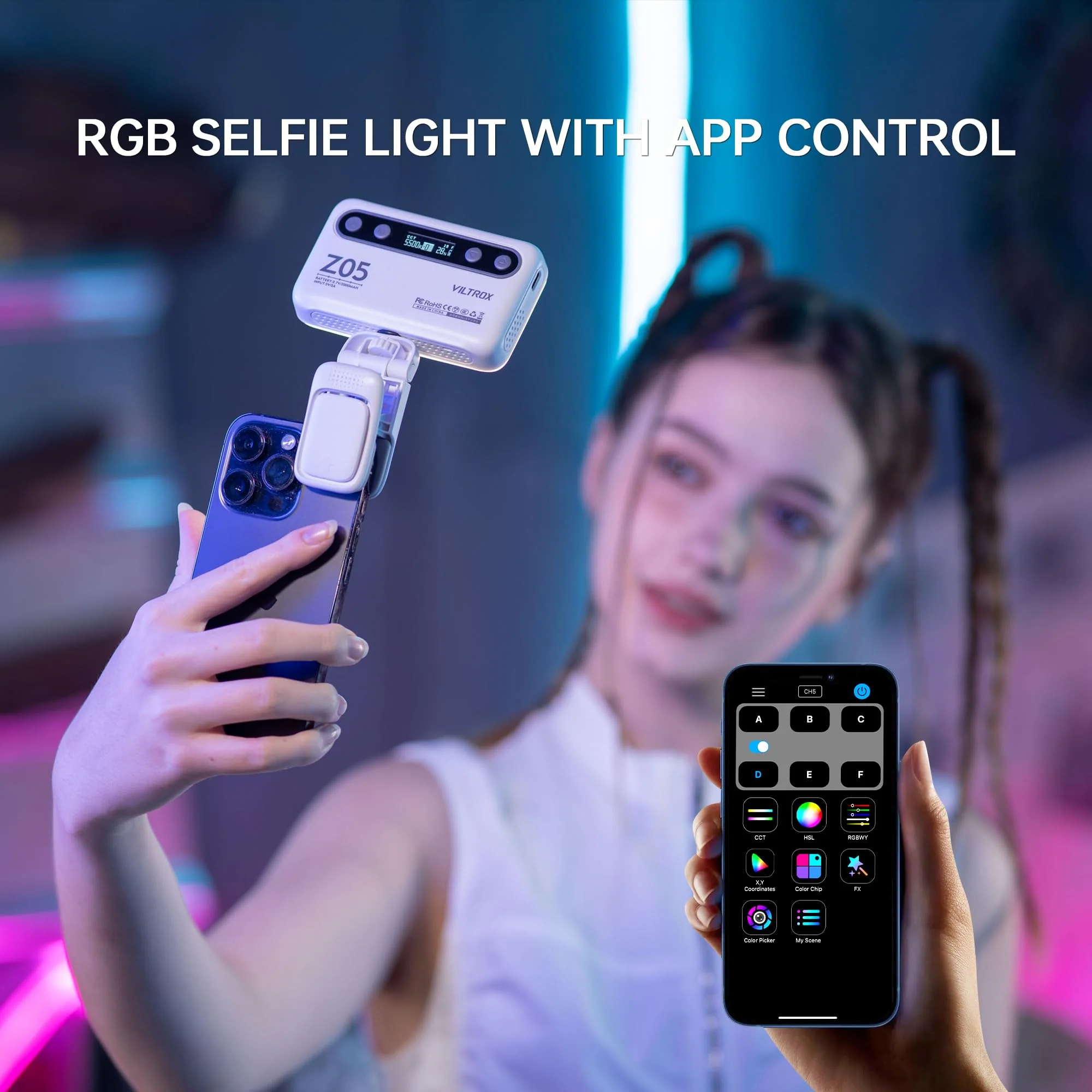 VILTROX RGB Video Light, Selfie Light, Portable LED Phone Light with Clip, Rechargeable on Camera Video Light with App Control, for Phone,Laptop,Camera,iPad, video recording for TikTok,YouTube,Vlog - Image 2