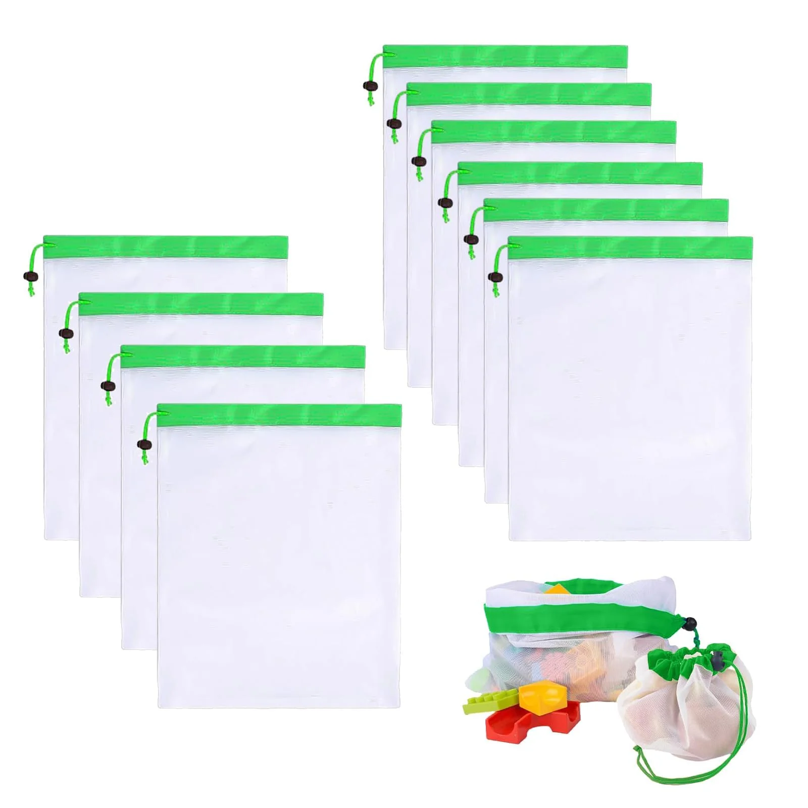 Vimmvid Pack of 10 Fruit Vegetables Large Mesh Bag, Washable Vegetable Net and Shopping Net with Drawstring, Transparent Mesh Bags for Fresh Storage of Fruit and Vegetables, Green, Unit size